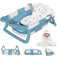 Vista 12 de MoreFeel Bañera plegable para bebé recién nacido con termómetro y 1 cojín flotante suave y 1 red de baño, bañera de viaje portátil con orificio
