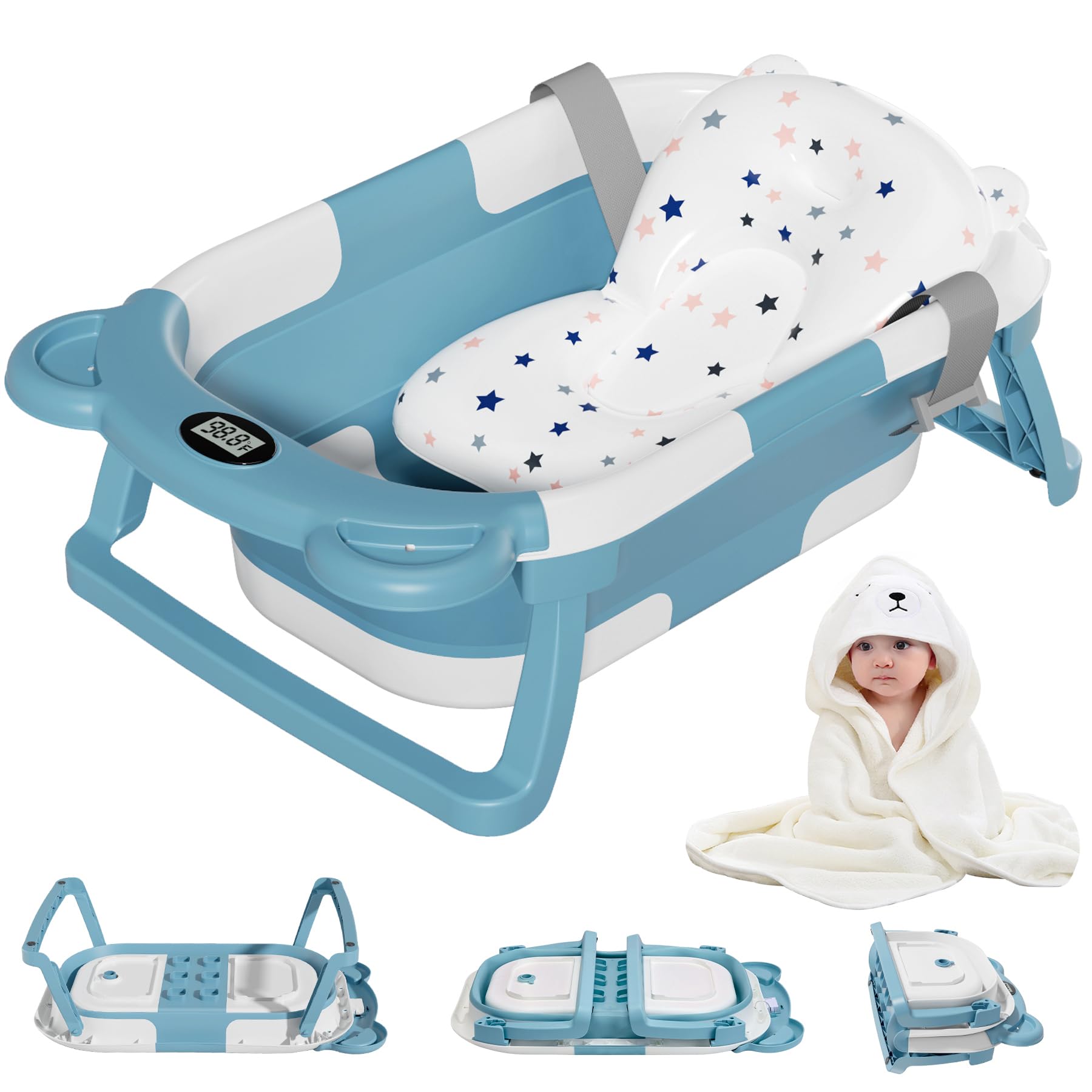 Morefeel Bañera para bebé con cojín suave y termómetro, bañera plegable portátil de viaje con agujero de drenaje, bañera plegable duradera para bebés recién nacidos a niños pequeños (azul)