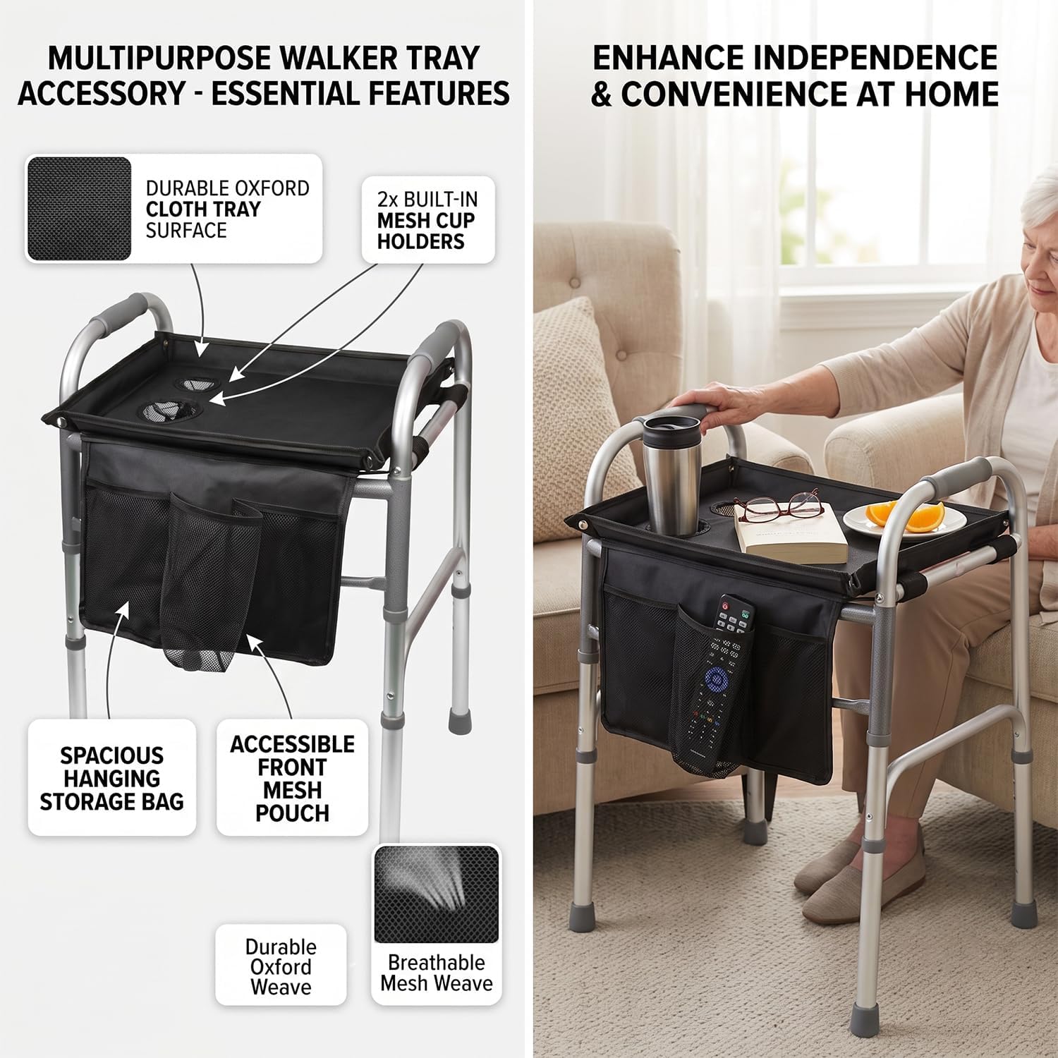 Walker Tray for Folding Walker with Baffles and Cup Holder,Trays for Walkers Detachable,Walker Trays for Rolling Folding Walker,Walker Accessories for Elderly image 4