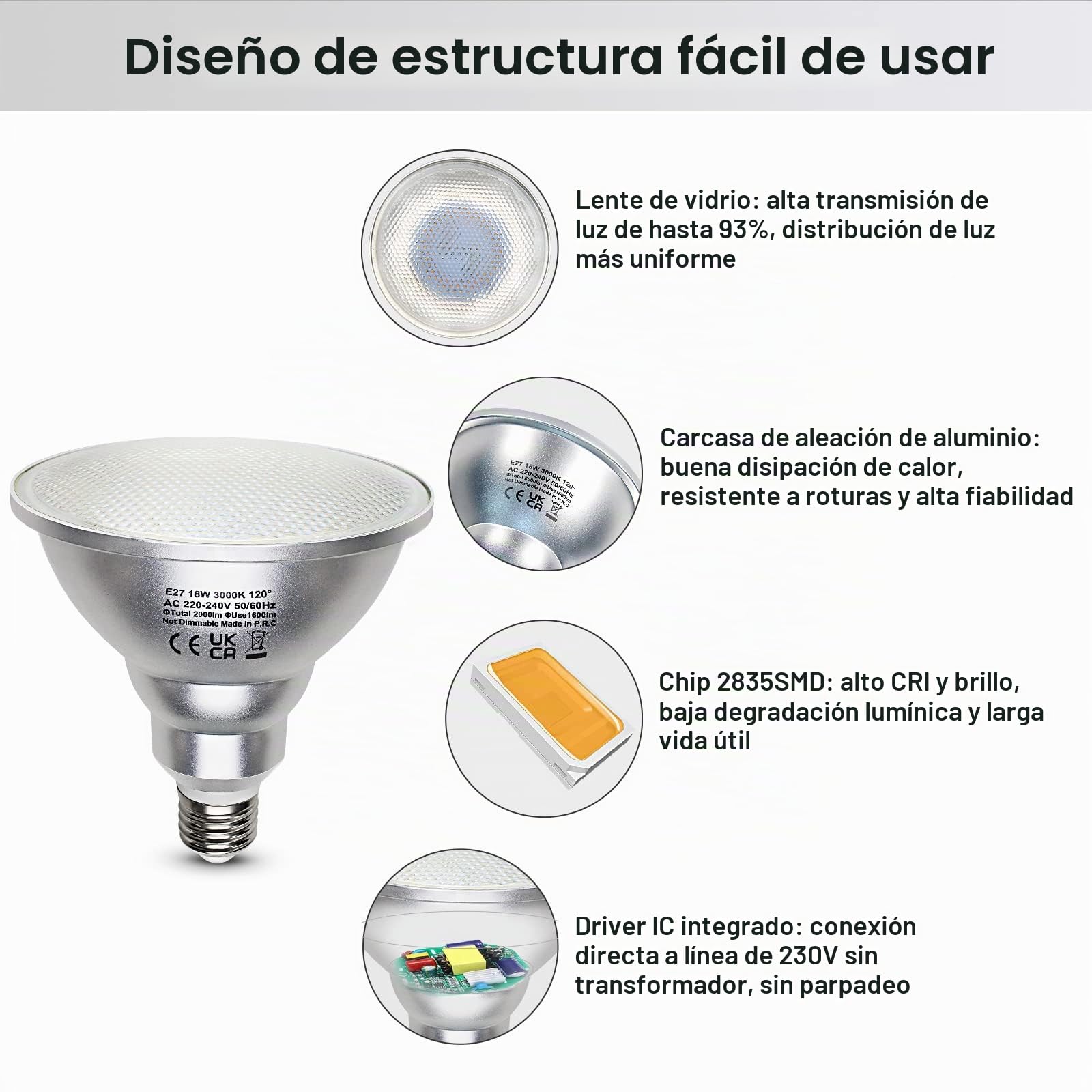 Lote de 4 bombillas LED 18W E27 Blanco Cálido Par38 reflector spot 2000LM Luz de Inundación 230V, Reemplaza bombillas halógenas de 180W, 120 grados, No regulables