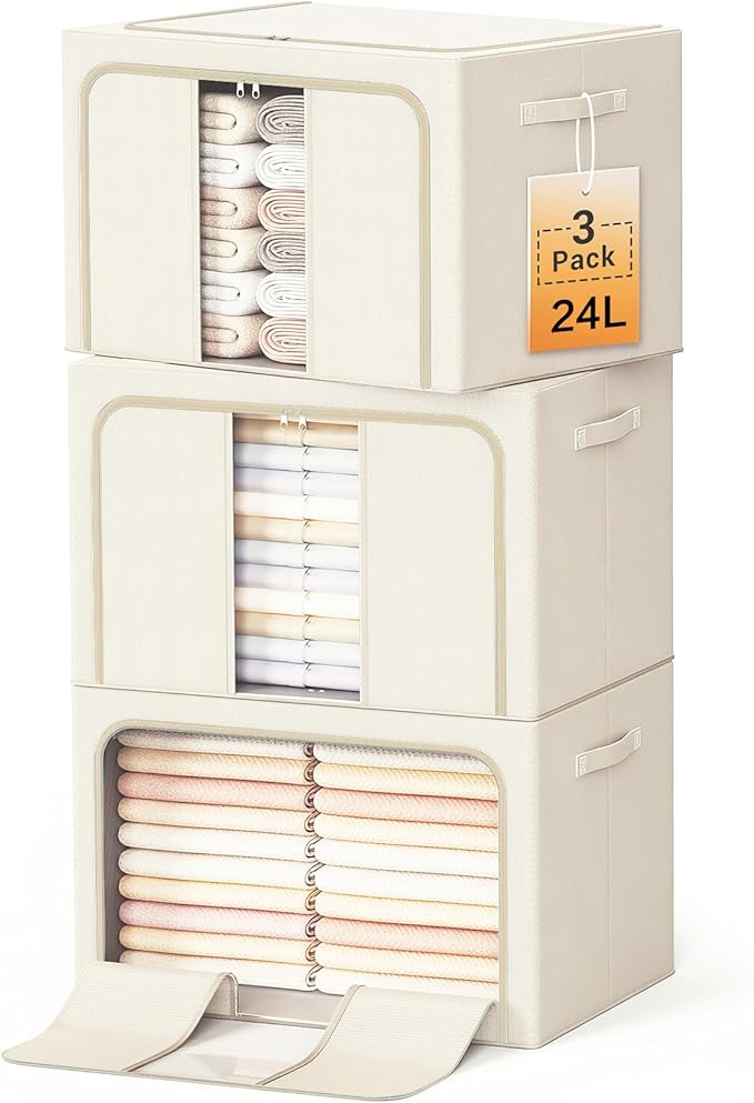 Clothes Storage Bins with Metal Frame, Foldable Clothes Organizers Storage