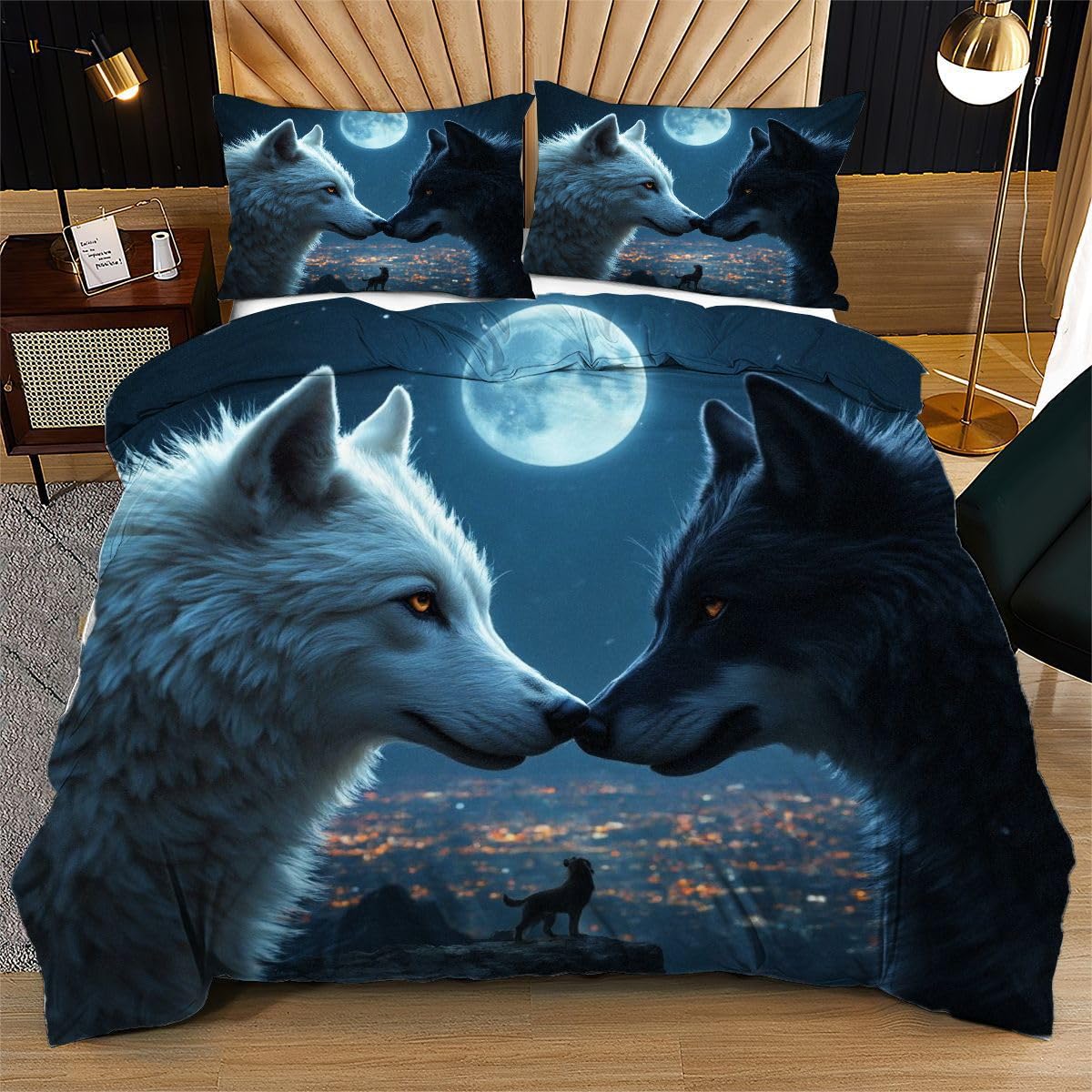 Juego de cama King de lobos azules con funda de edredón de microfibra de 86x90 1