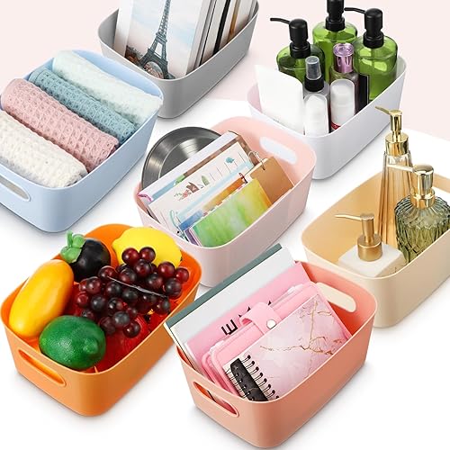 Miniatura 10 de 21 cestas de almacenamiento de plástico para despensa con asa, cestas de almacenamiento de organización de varios colores para cocina, baño,