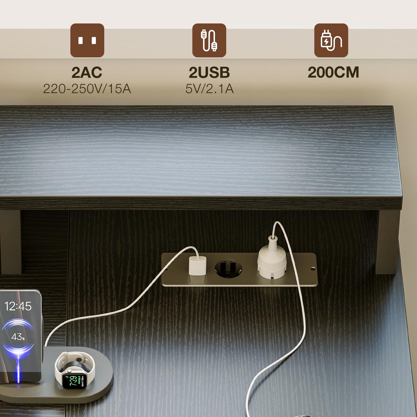 ODK Eckschreibtisch mit 2 Stoff Schubladen, 189.3×100 cm, Schwarz | Schreibtisch mit Steckdose & USB in L-Form, Gaming Tisch mit Monitorablage, Reversibel, für Homeoffice & Wohnzimmer