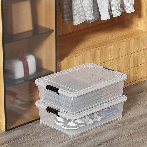 Miniatura 4 de Contenedores de plástico transparente de 25 L para almacenamiento debajo de la cama, paquete de 4 cajas de almacenamiento de plástico con ruedas