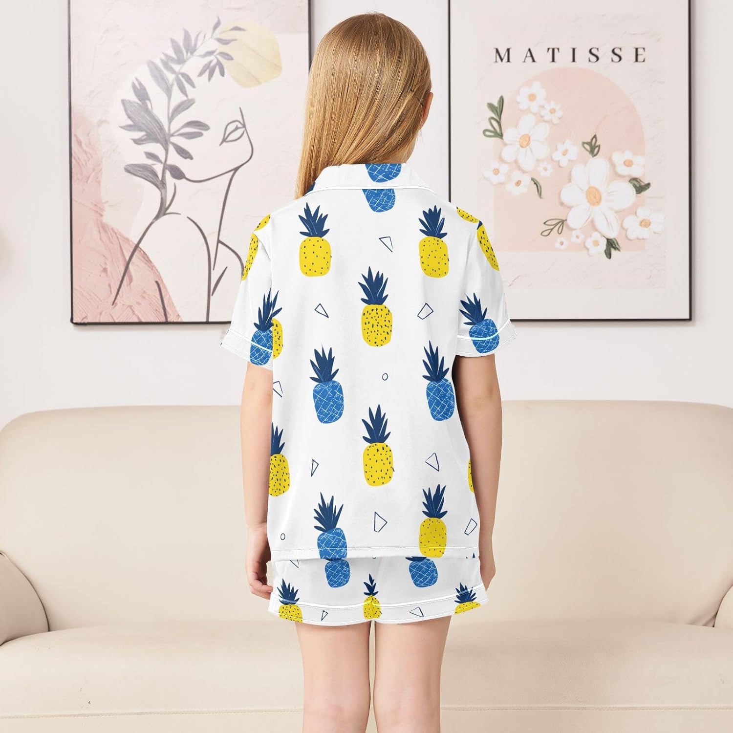 Kids Casual Satin Wear Set Blue Yellow Pineapple Pattern Unisex Short Sleeve Clothing for Relaxing