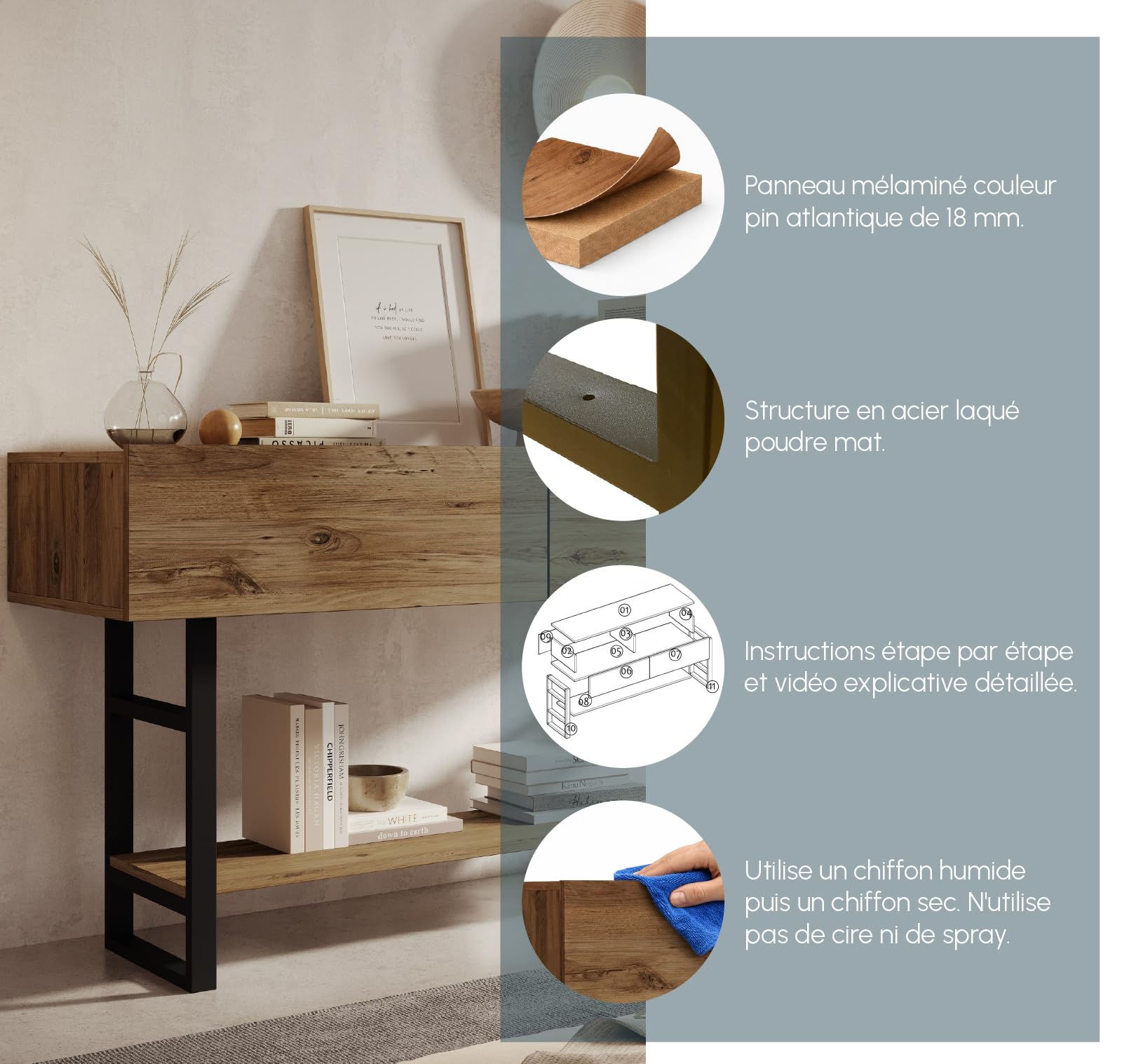 MB Muebles Bonitos, Meuble d’Entrée Factory R1 Design Industriel, Console pour Entrée, Structure en Acier Noir Mat, Mélamine Couleur Pin Atlantique, 139x75x43 cm