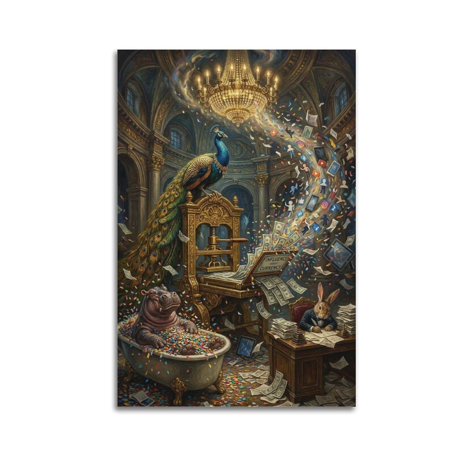 XKUGA Surreal Vintage Animal Poster Peacock Status Bubble Satire Modern Decorative Canvas Prints - Ideal Wall Art for Family, Man Cave, Game Room, Boys & Girls Bedroom 20x30inch(50x75cm)