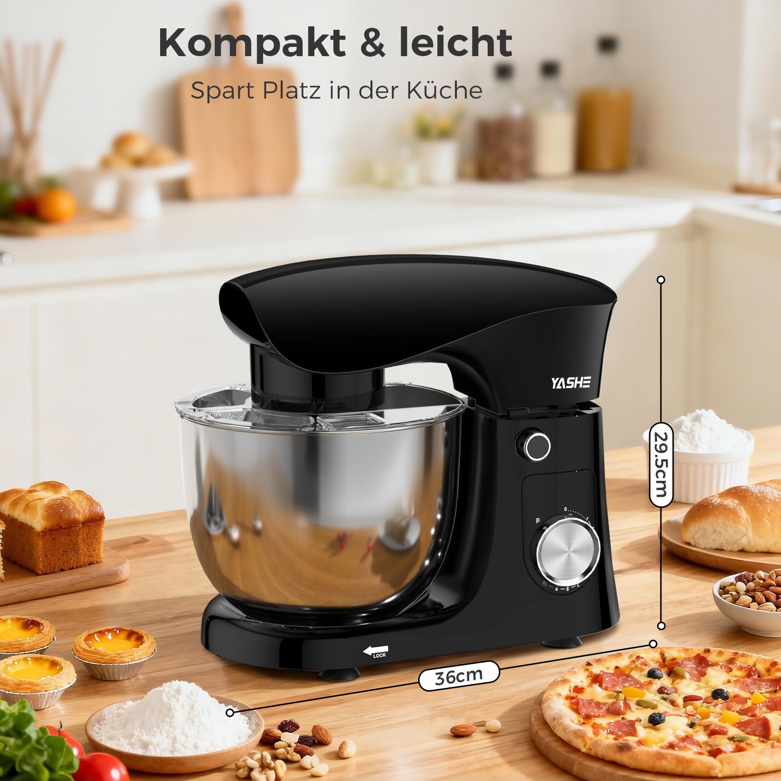 YASHE Küchenmaschine 1500W, leistungsstarke Knetmaschine mit 4,5 + 5L Edelstahlschüsseln, 10+P Geschwindigkeiten, Kippkopf, Knethaken, Rührbesen und Schneebesen