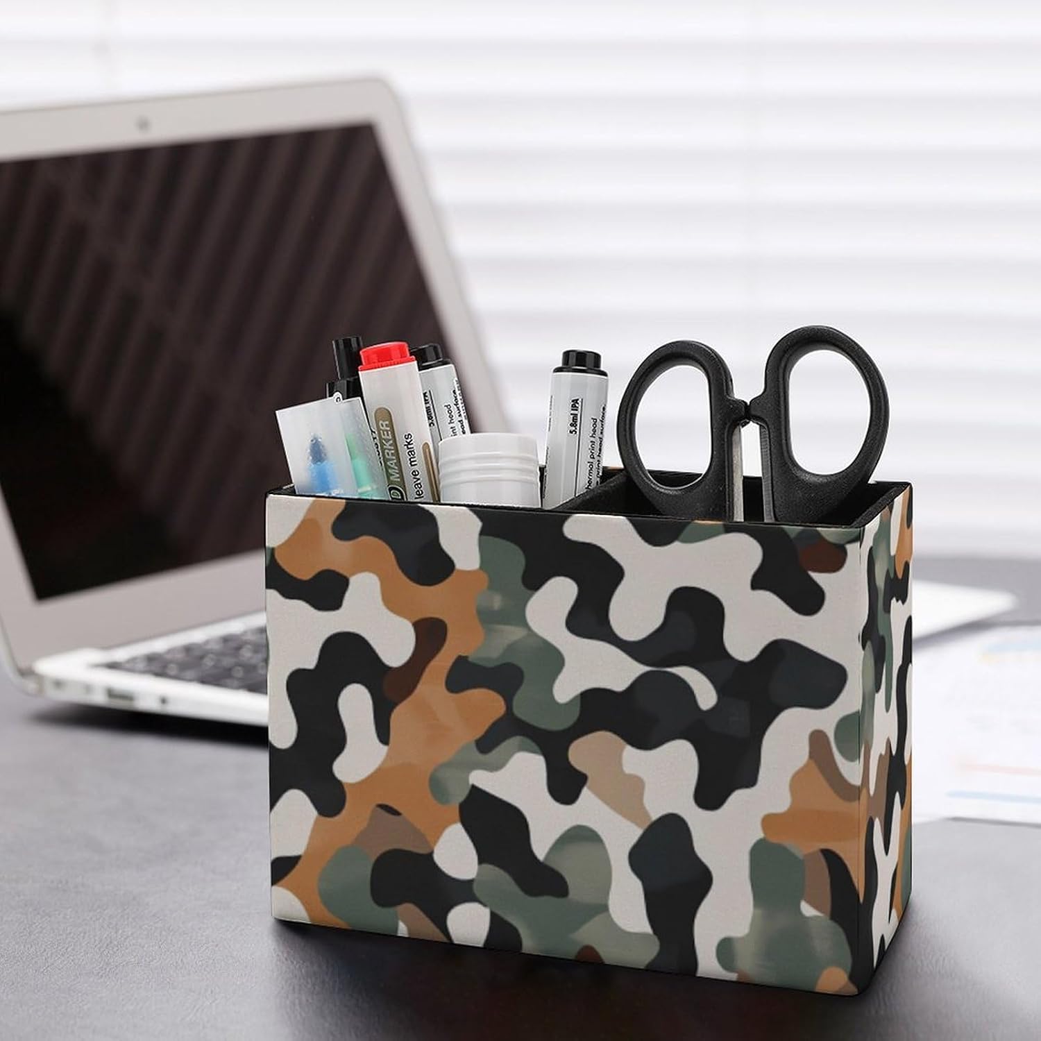 Camouflage Print Pencil Pen Holder PU Leather Desk Storage Organizer Makeup Brush Box