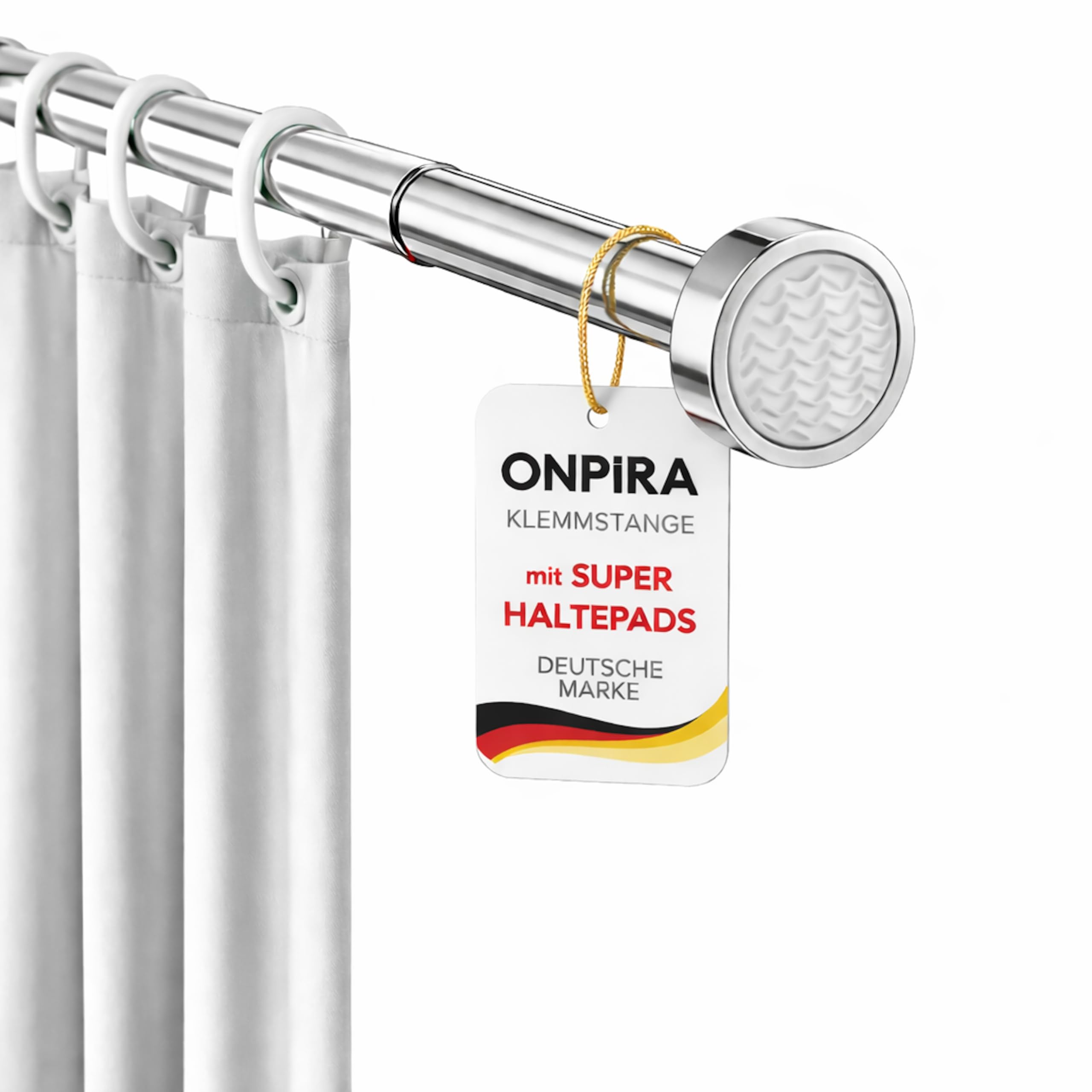 Onpira® Duschstange ohne Bohren – Rostfreie Duschvorhangstange & Gardinenstange zum Klemmen | 5 Längen 40–230 cm | 3 Farben: Schwarz, Weiß & Edelstahl | Starker Halt bis 12 kg