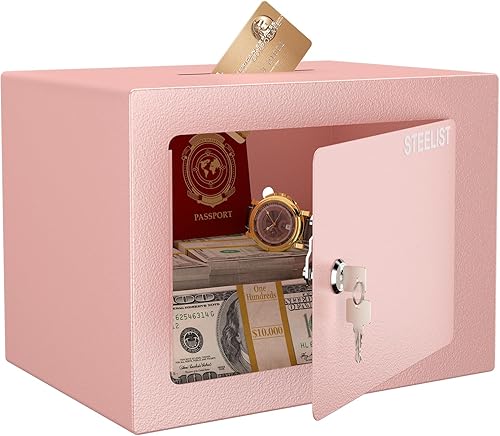 Caja fuerte con llave, caja fuerte rosa para niños, caja fuerte de 0.23 pies cúbicos con ranura para monedas, almacenamiento de efectivo para el