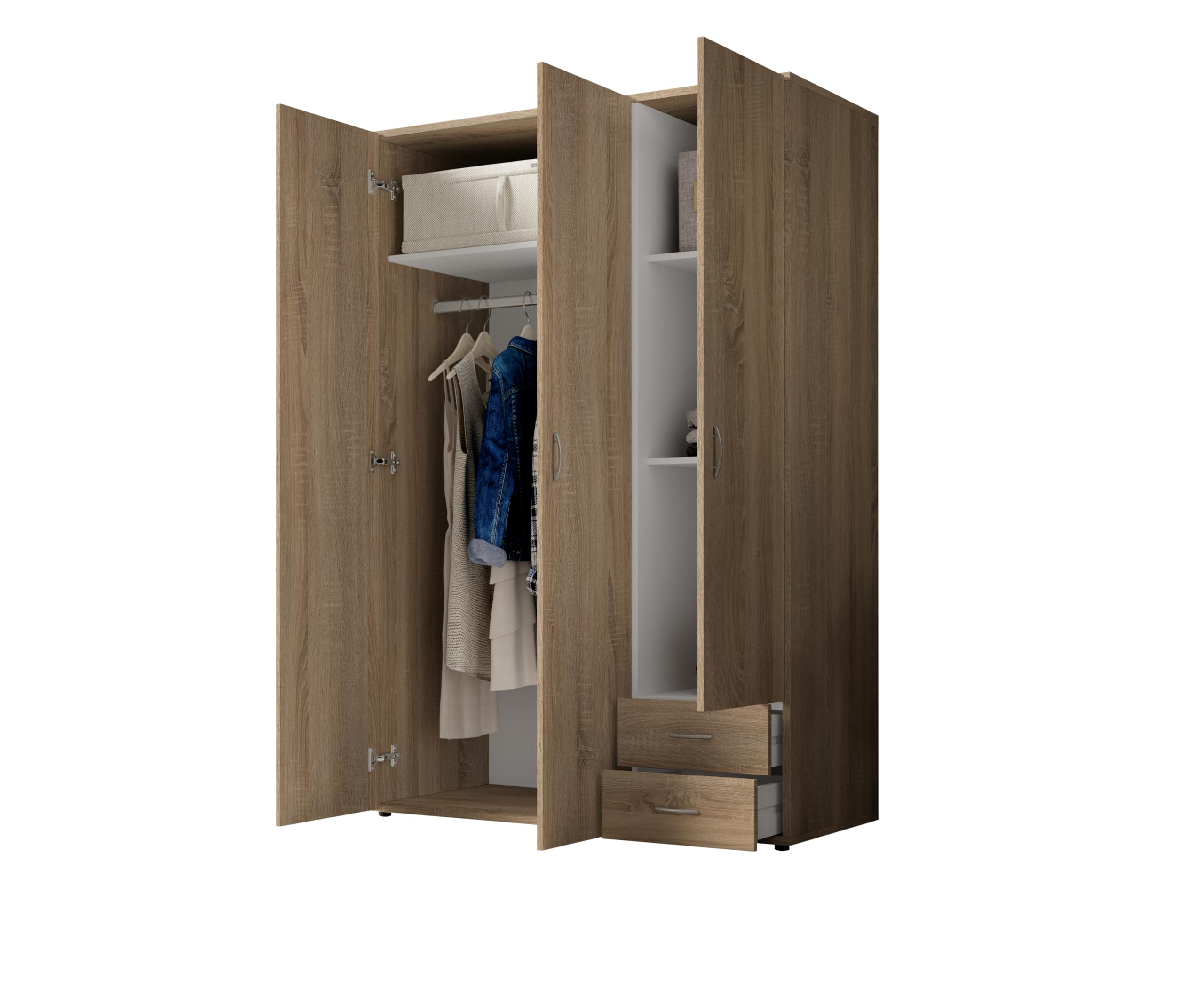 Armadio Guardaroba 3 Ante e 2 Cassetti | Armadio Camera da Letto Moderno 121x177x51 cm (LxHxP) | Ampio Spazio Organizzativo con Barra Appendiabiti | Colore Rovere