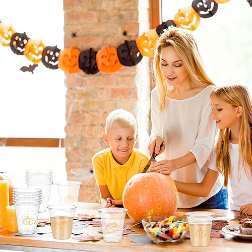 Miniatura 6 de 100 vasos de plástico de calabaza de Acción de Gracias a granel de 12 onzas, vasos desechables transparentes para fiesta de Acción de Gracias para
