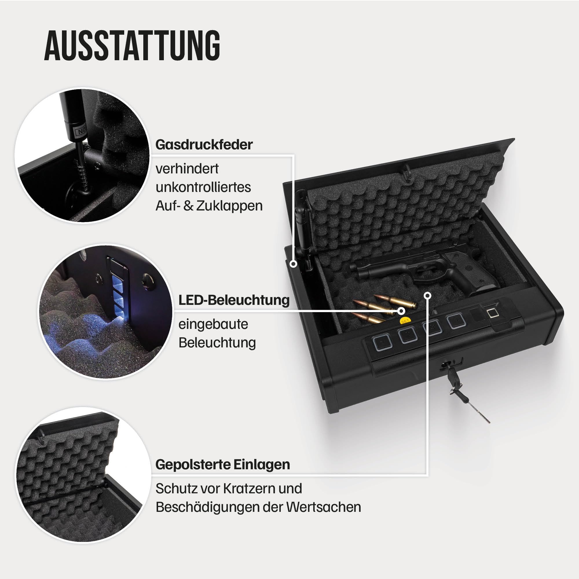 Profirst Pistolenschutzkassette Patrol Stahl Fingerprintschloss mechanische Notöffnung LED Innenbeleuchtung inkl. Montagematerial