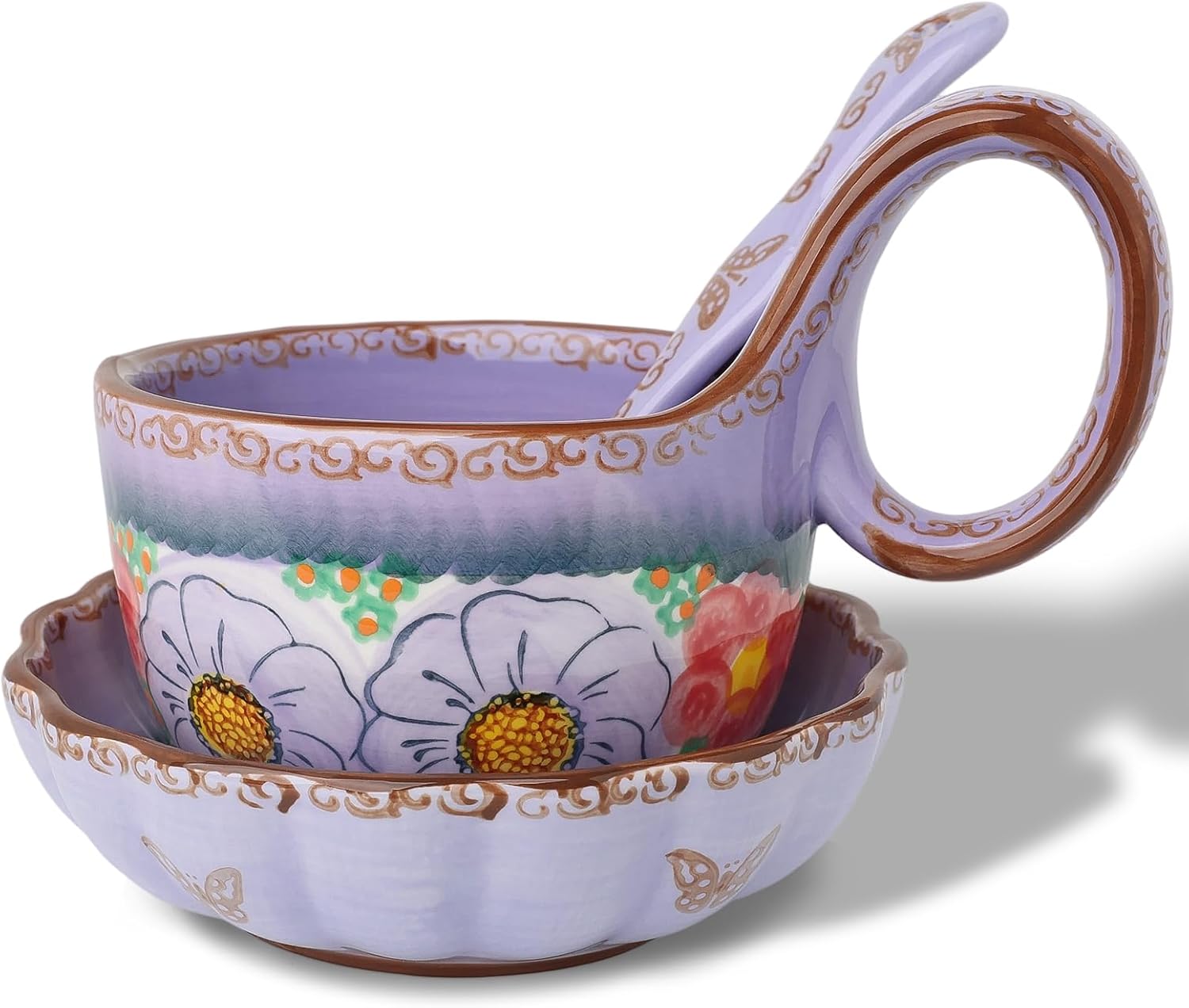 silesia Handmade Loop Handle Soup Bowl, Plate and Spoon Set Ceramic Hand Painted Cereal Bowl Great for Soup, Ice cream, Snack, Stew in Gift Box, Dishwasher & Microwave Safe (Glazed Purple)