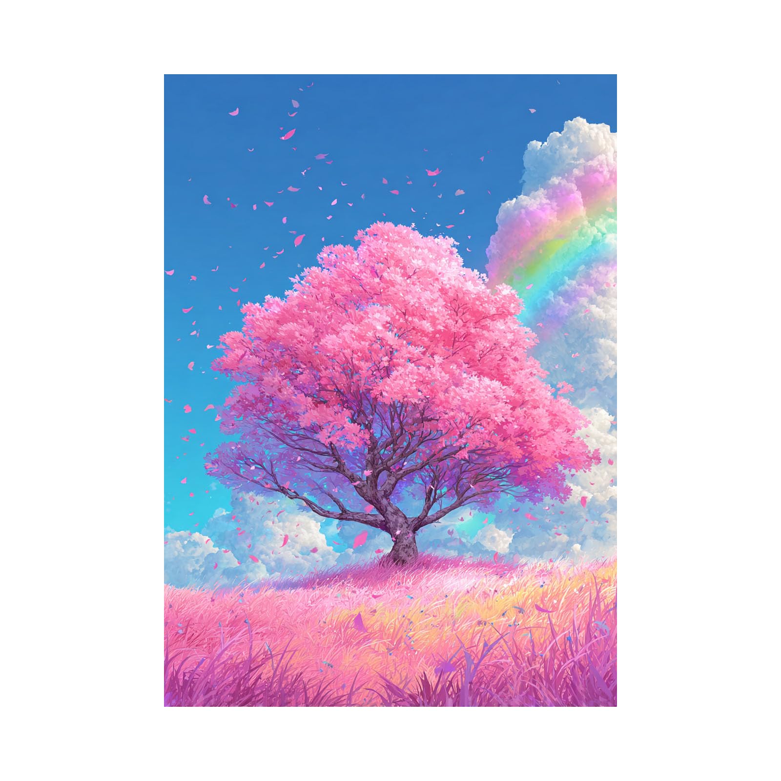 Teruea Pink Wall Art Canvas Prints - Blush Blossom Tree, Petal Clouds & Soft Wild Grass Spa Pictures Wall Decor Art Prints For Yoga Meditation Room Decor(Pink)-70X100cm1 Unframed