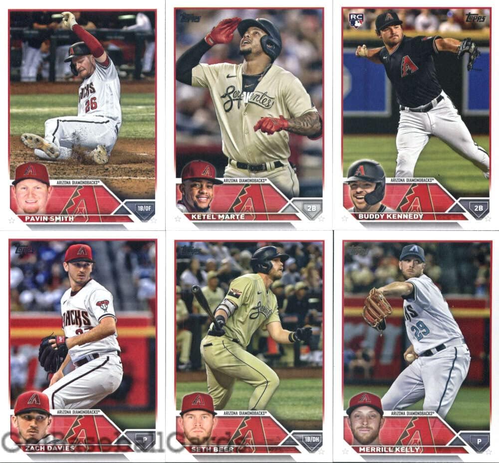 2023 Topps Complete Set (Series 1 & 2) Arizona Diamondbacks Team Set of 23 Cards: Josh Rojas(#60), Merrill Kelly(#71), Seth Beer(#105), Zach Davies(#123), Buddy Kennedy(#135), Caleb Smith(#191), Ketel Marte(#239), Arizona Diamondbacks(#263), Pavin Smith(#312), Tommy Henry(#336), Corbin Carroll(#401), Zac Gallen(#412), Jake McCarthy(#422), Emmanuel Rivera(#431), Ryne Nelson(#459), Alek Thomas(#464), Evan Longoria(#492), Drey Jameson(#502), plus more - GotBaseballCards