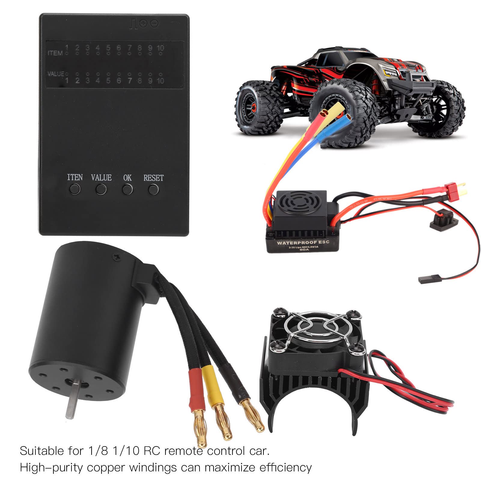 3650 3600KV Motor sin escobillas 60A ESC Tarjeta de programación disipador de calor conjunto combinado para coche RC 1/8 1/10