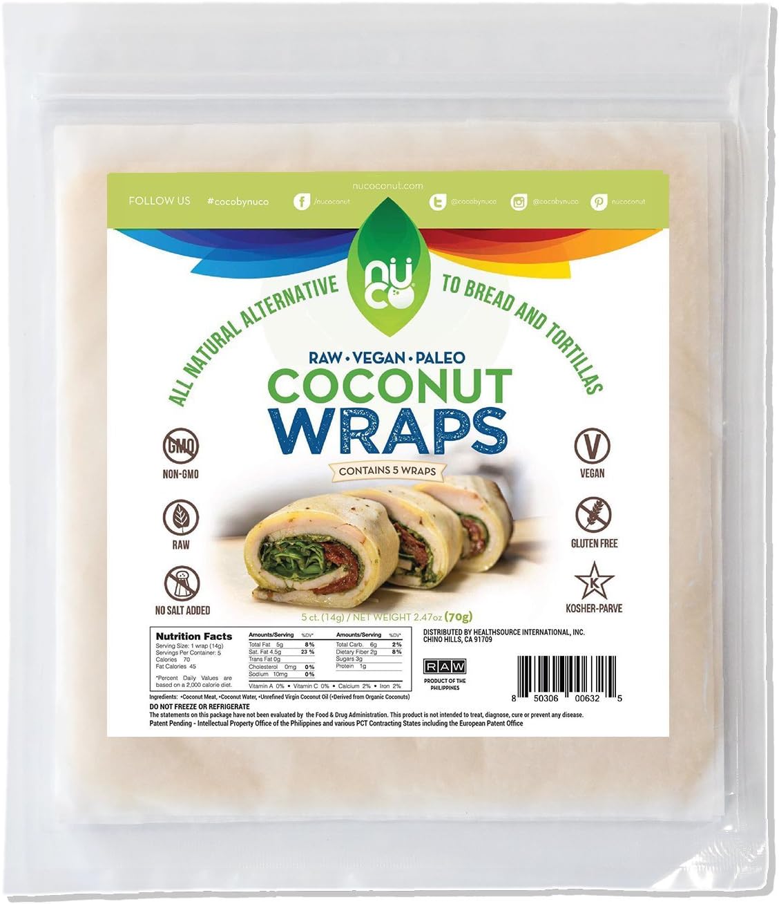 NUCO, Coconut Wraps, Original, 5 Wraps - (14 g) Each