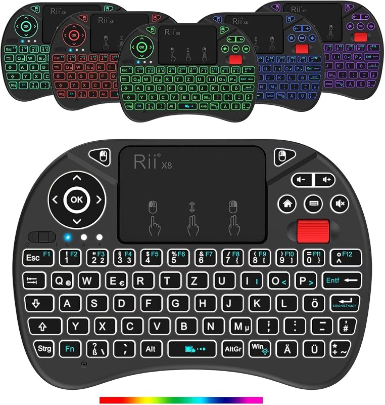Rii Mini Vezeték Nélküli Billentyűzet Érintőpaddal, 8 RGB Háttérvilágítási Móddal, Tölthető, Smart TV, PC, Xbox Kompatibilis, 10m Hatótáv