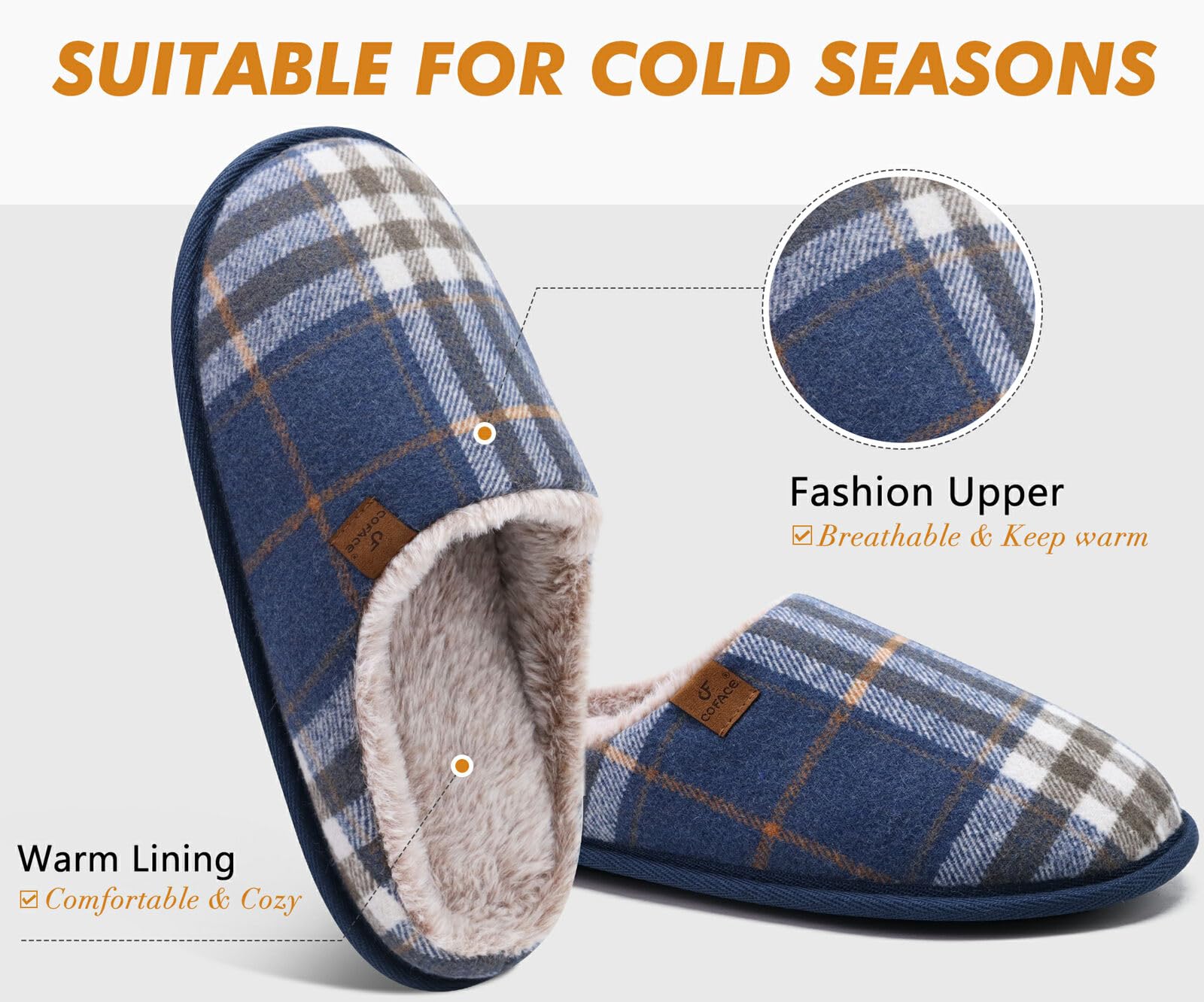 Pantofole da Uomo Invernali Plaid, Comoda Memory Foam Calde Scarpe da Casa in Lana con Suola Antiscivolo 40-47