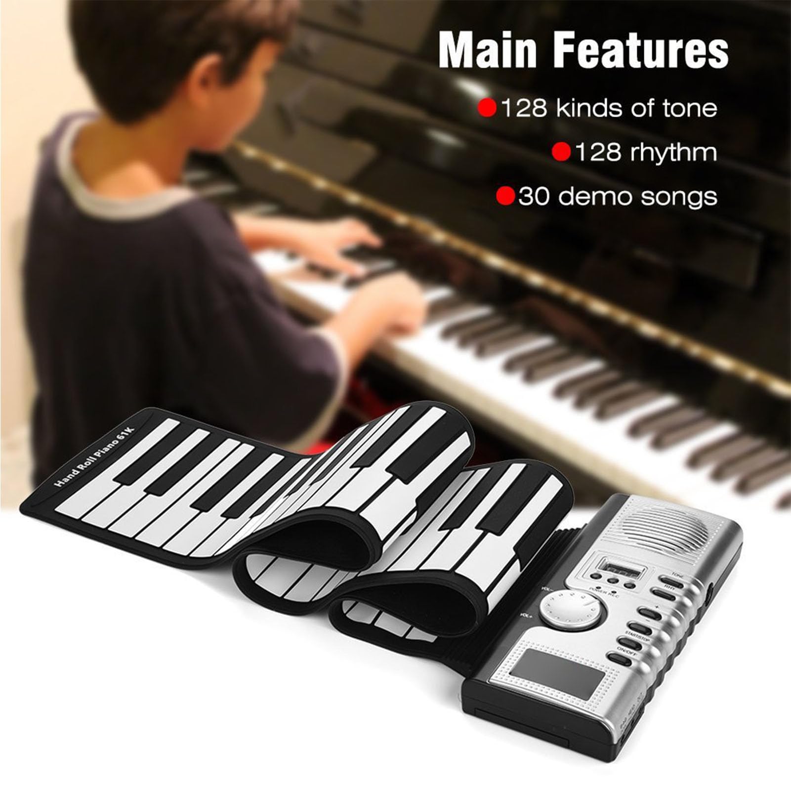 Tastiera Elettronica Arrotolabile Silicone 61 Tasti con Casse Integrate, per PC, Bambini e Principianti
