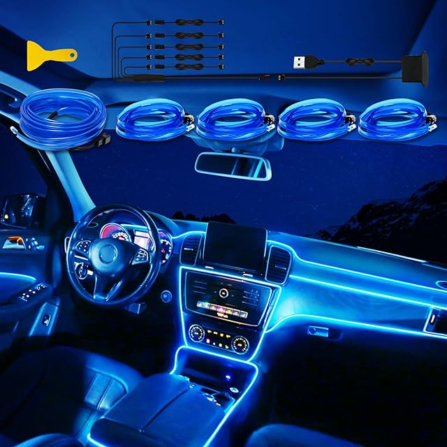 LIGHEID EL Wire Car LED Interior Strip Light, USB Neon Wire Lights with 6mm Sewing Edge - 5 in 1 23FT Glowing Electroluminescent (EL) Wire, Ambient Lighting Kit Car Decorations Interior (Blue)