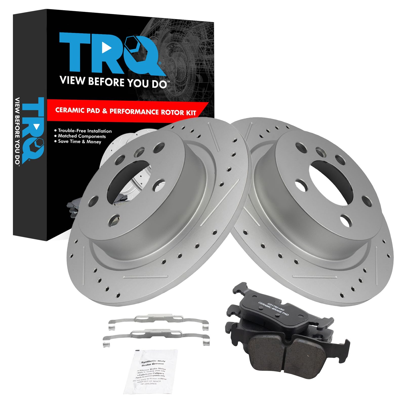 TRQ Performance Rear Brake Pad and Rotor Set Ceramic Coated Drilled Slotted Rotors Compatible with 2014-2020 BMW i3 2018-2020 i3s 2016-2021 Mini Cooper Clubman 2017-2021 Cooper Countryman
