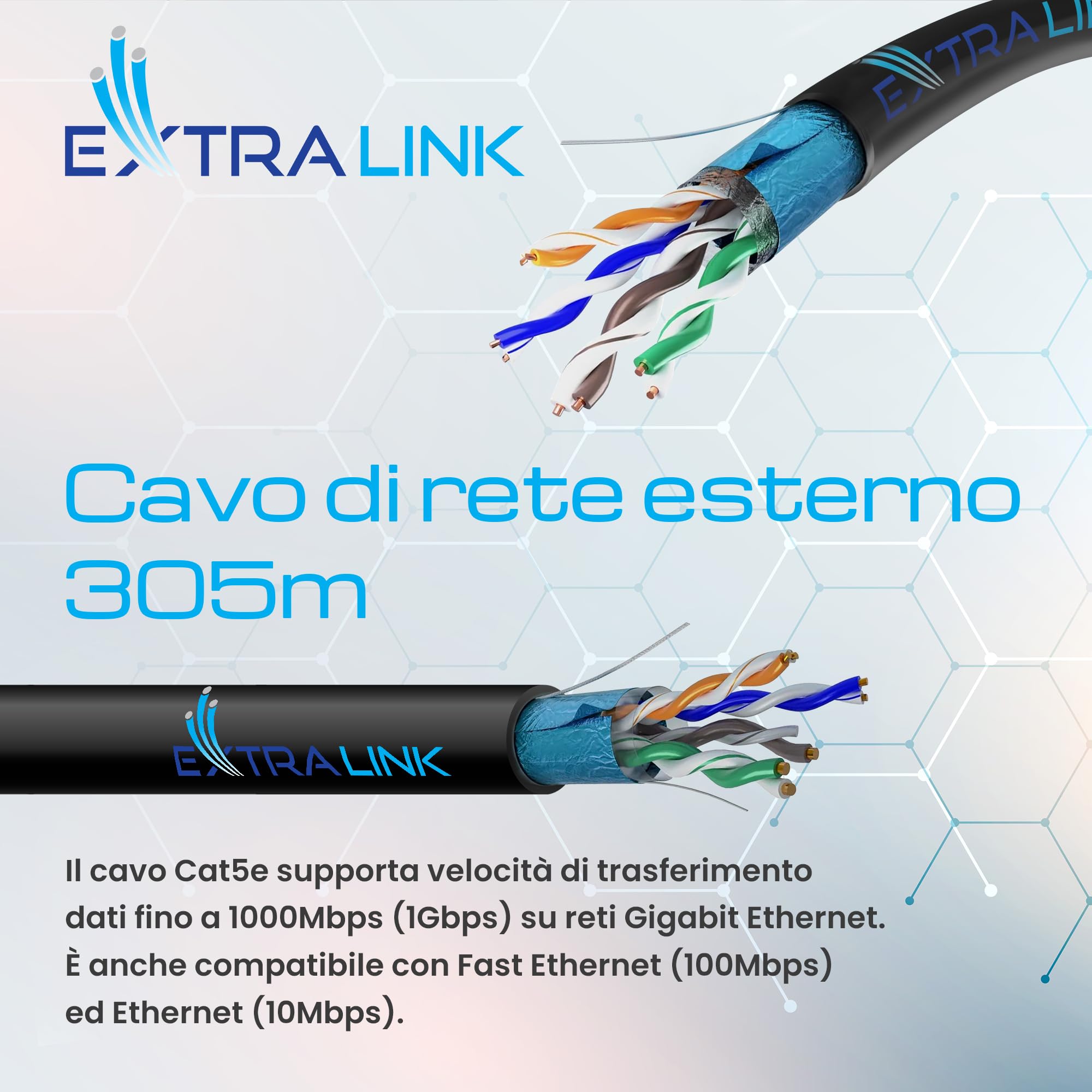 EXTRALINK Cavo Ethernet Esterno 305m CAT5e LAN F/UTP Schermato – 100% Rame Puro, Compatibile PoE, Guaina PE Resistente ai Raggi UV, Impermeabile e Durevole per Esterni