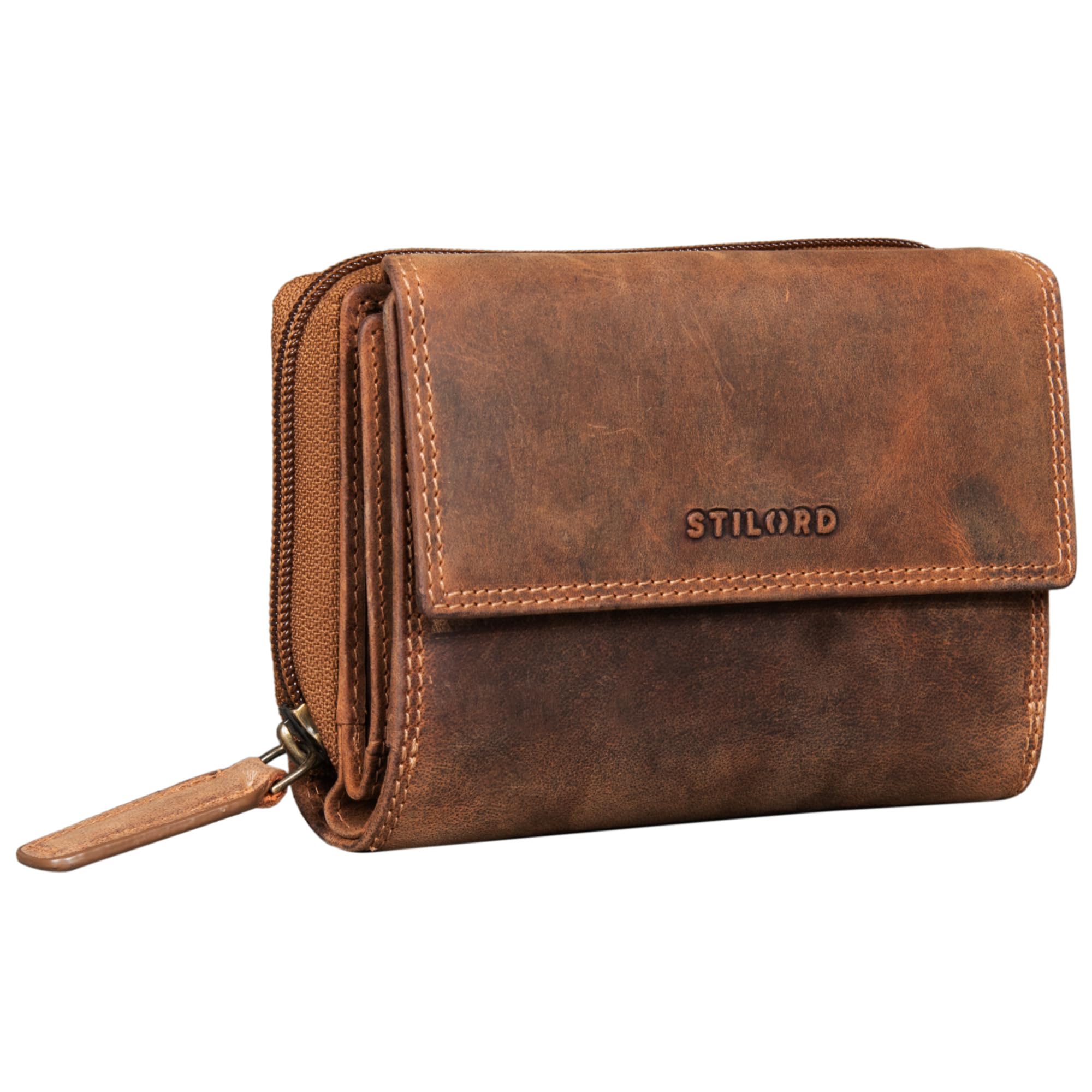 STILORD Thea Damen Geldbörse Leder RFID Groß Vintage Portemonnaie für Frauen NFC Schutz Ledergeldbörse mit Reißverschluss Echtleder Bergamo braun