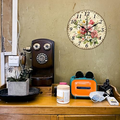 Miniatura 7 de CHGCRAFT Reloj de pared retro de 12 pulgadas, funciona con pilas, sin tictac, flores silenciosas, reloj de cocina decorativo para sala de estar,