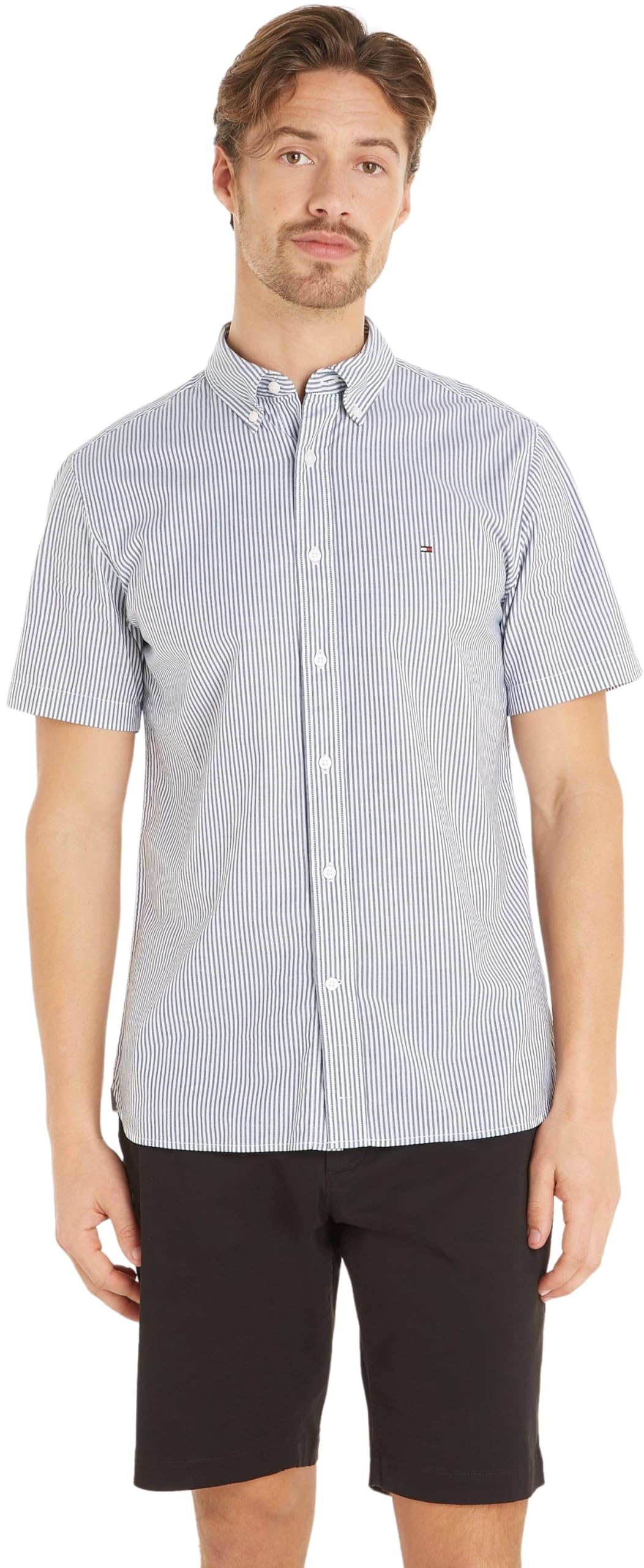 Tommy Hilfiger Men's Flex Poplin STP Rf Shirt S/S Mw0mw33808 Casual Shirts, Blue (Carbon Navy/Optic White), S
