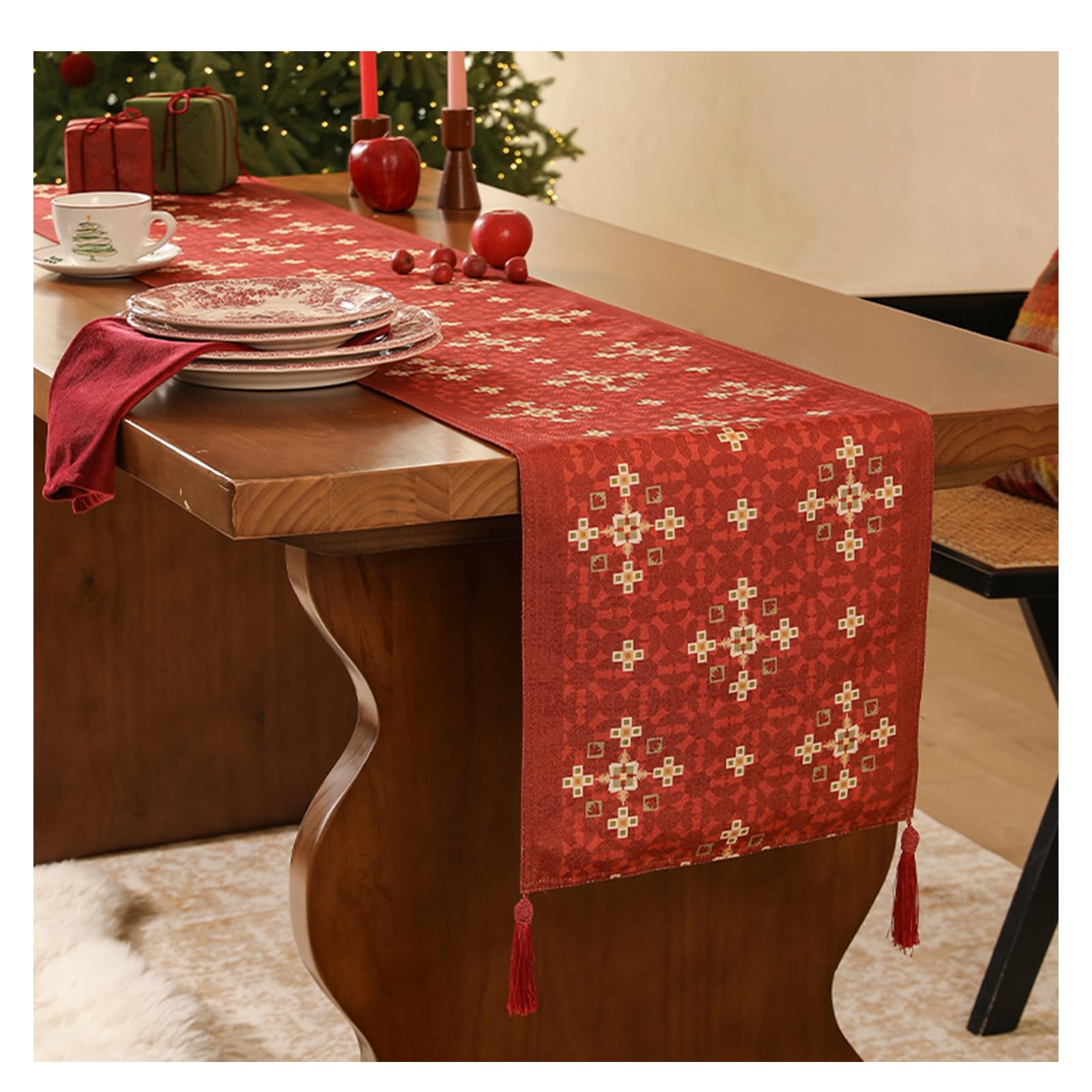 Dxcaicc Rustikaler Roter Tischläufer Aus Kunstleinen, Jacquard-Muster Mit Fließenden Quasten, Hitzebeständig Und Knitterfrei, Tischdekoration Für Festliche Anlässe,3,35×220cm