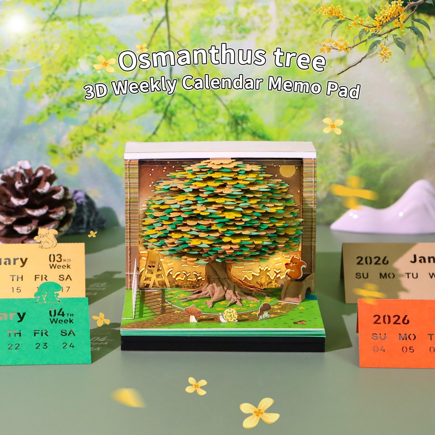 3D Calendar 2026, Time Piece Calendar 2026 LED, Unveil the Year Calendar Tear Off Memo Pad, DIY Paper Carving Art, Timepiece Sticky Notes, Desk Decor Gift (Osmanthus tree)