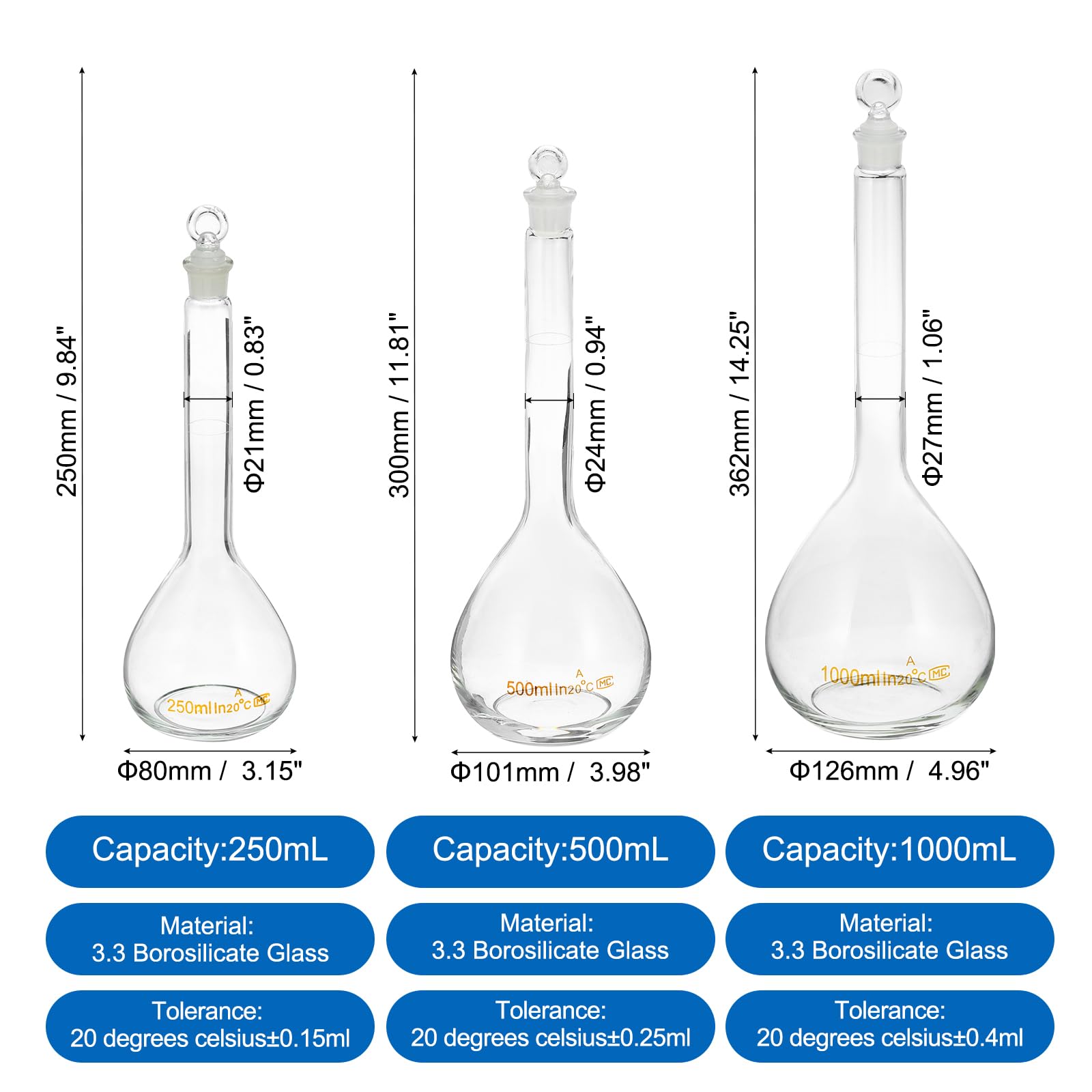 PATIKIL Fiole Jaugée en Verre Borosilicaté 3.3 Graduée de 250 ml, 500 ml et 1000 ml avec Bouchon en Verre, Tolérance de 0.23 ml pour les Expériences en Laboratoire, Transparente