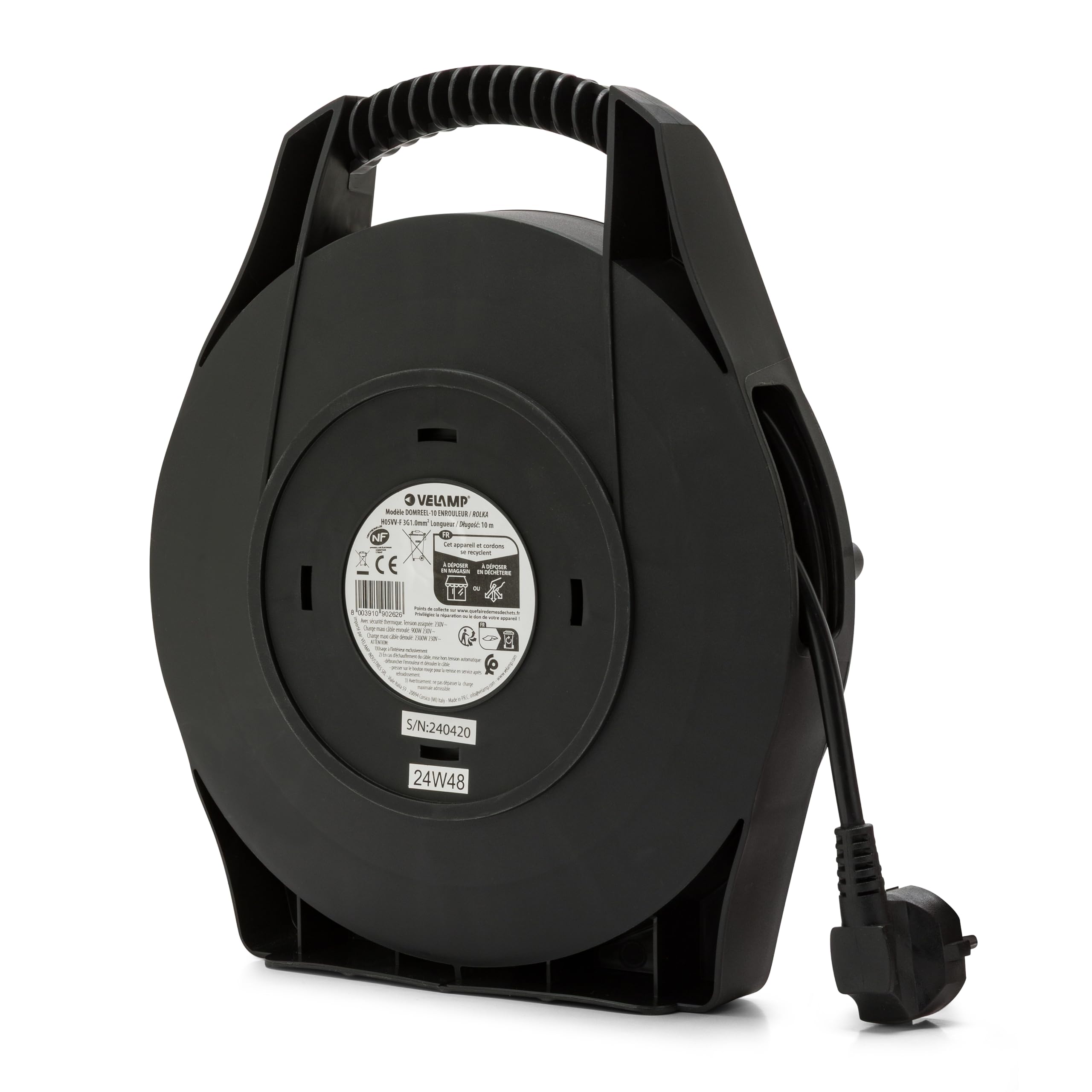 Velamp DOMREEL-10- Enrouleur HO5VV-F 4 prises 3G1.0 10m + coupe-circuit - avec poignée
