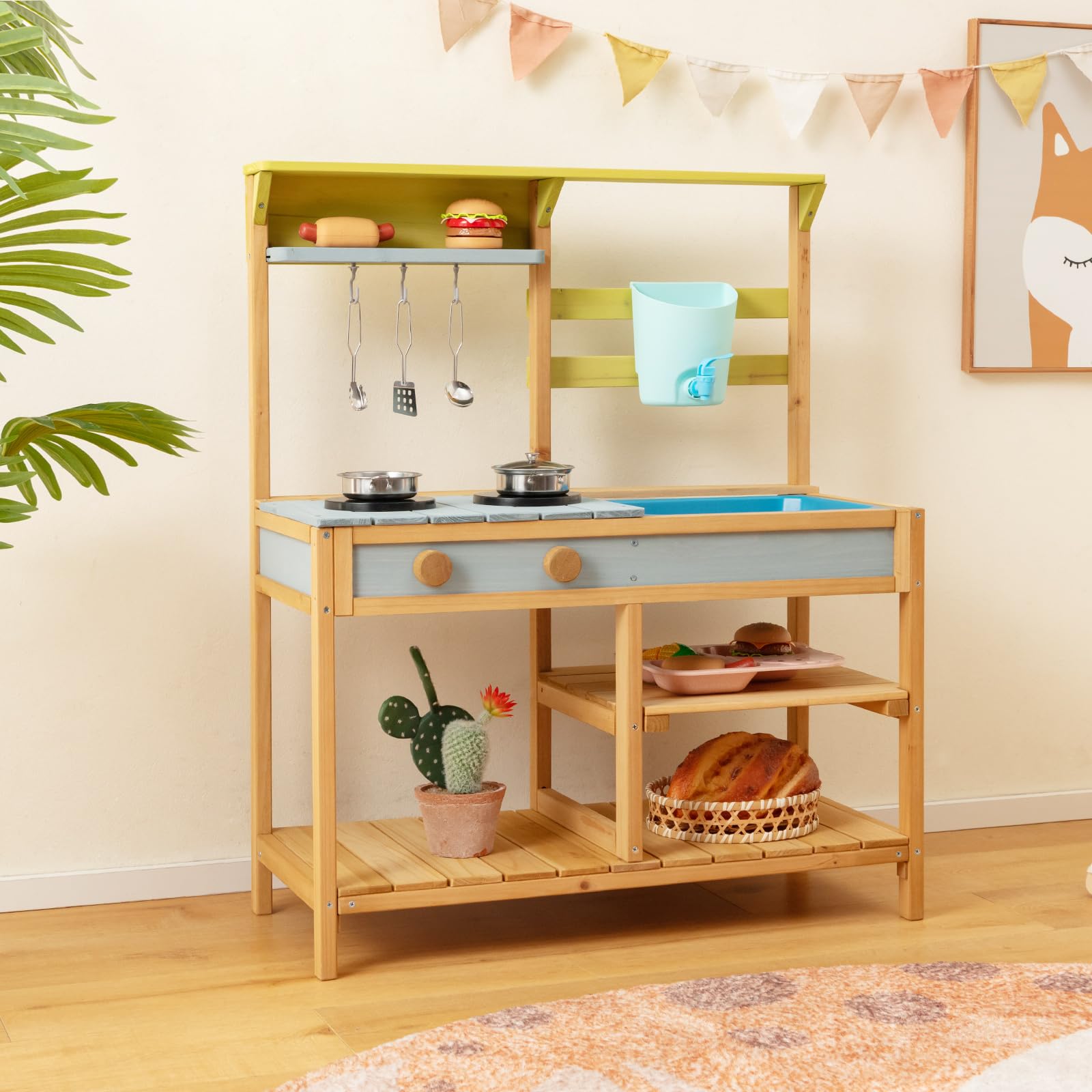 COSTWAY Matschküche Kinder Outdoor, Kinderküche Holz mit Wasserfunktion, Spielküche mit Haken & abnehmbarem Regal, Gartenküche Outdoorküche für Kinder ab 3 Jahren