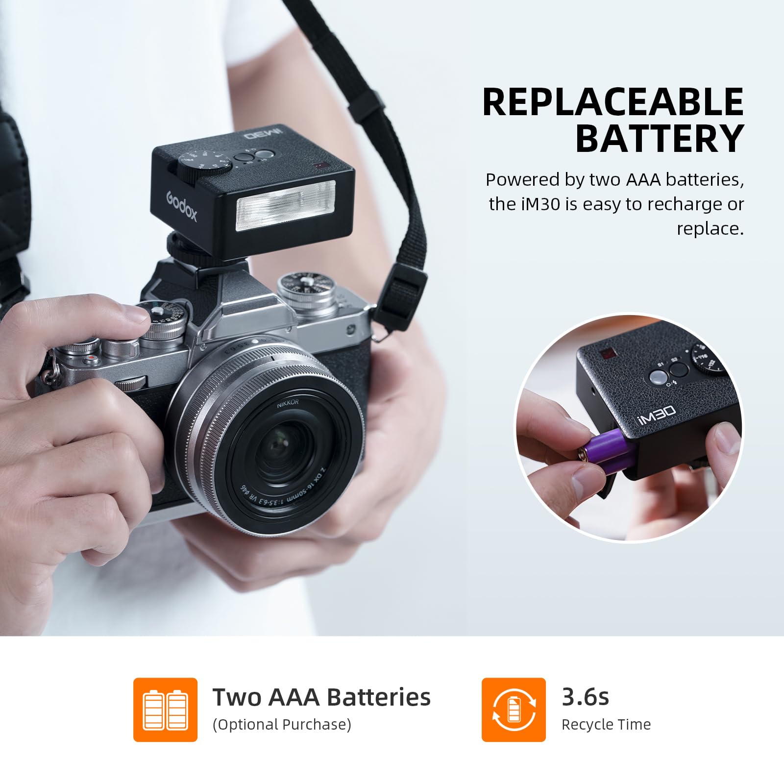 Godox iM30 Mini flash Speedlite para cámara, flash de bolsillo GN15 de 6500 K, control óptico S1/S2, 7 niveles de potencia, flash de potencia completa 230, compatible con cámaras Fujifilm Canon,