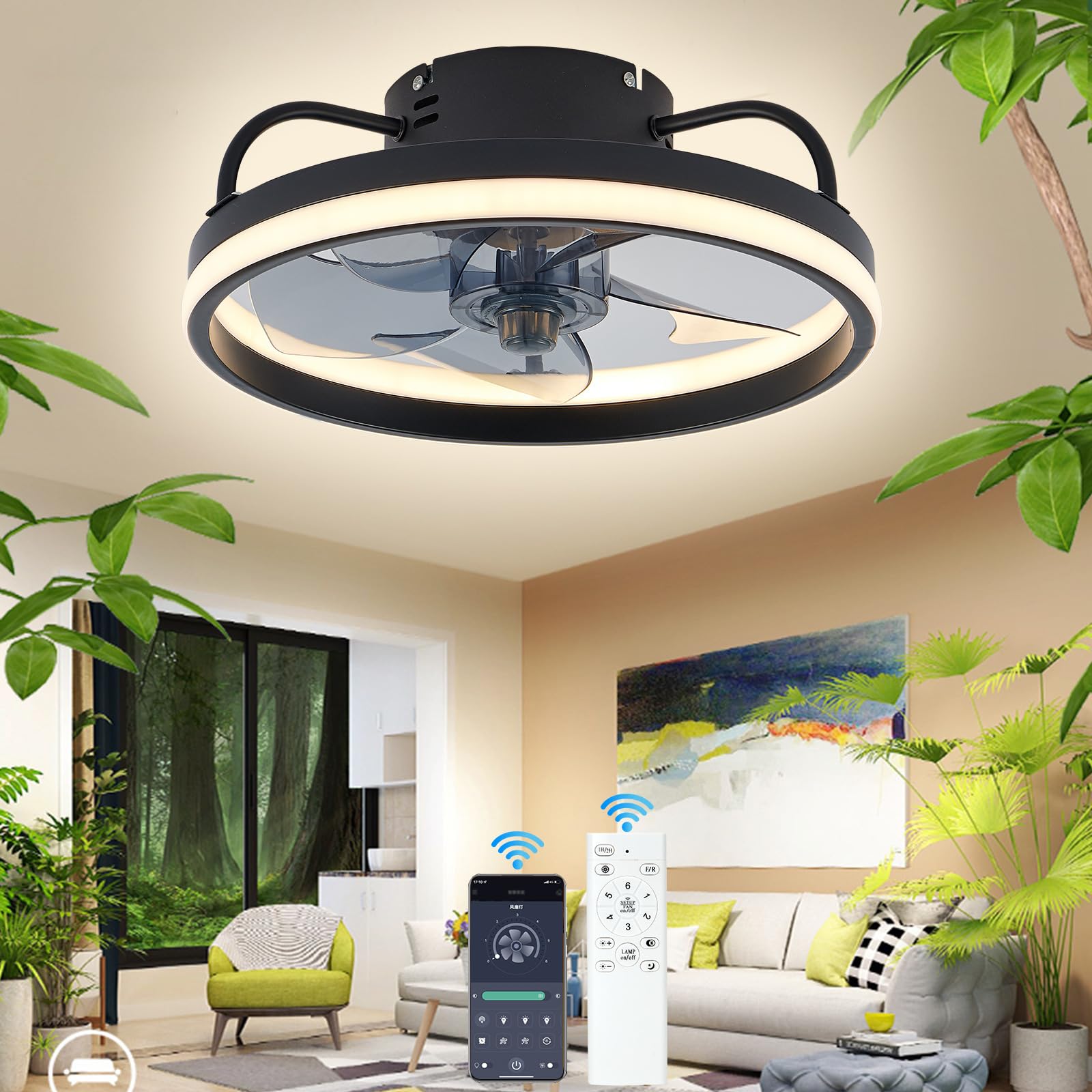 Eznaobo Ventilatori da soffitto 33/50 cm con illuminazione e telecomando, 6 velocità, regolatore di intensità, applicazione intelligente, illuminazione silenziosa e moderna per soggiorno, camera