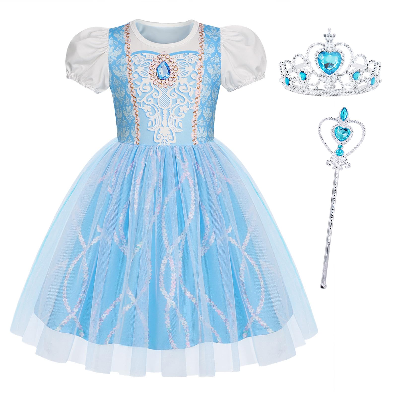 Berich Princess Blue Fancy Dress with Crown Princess Dress up Halloween Outfits Christmas Gifts World Book Day Costumes for Girls 4-5 Years(Blue,120)