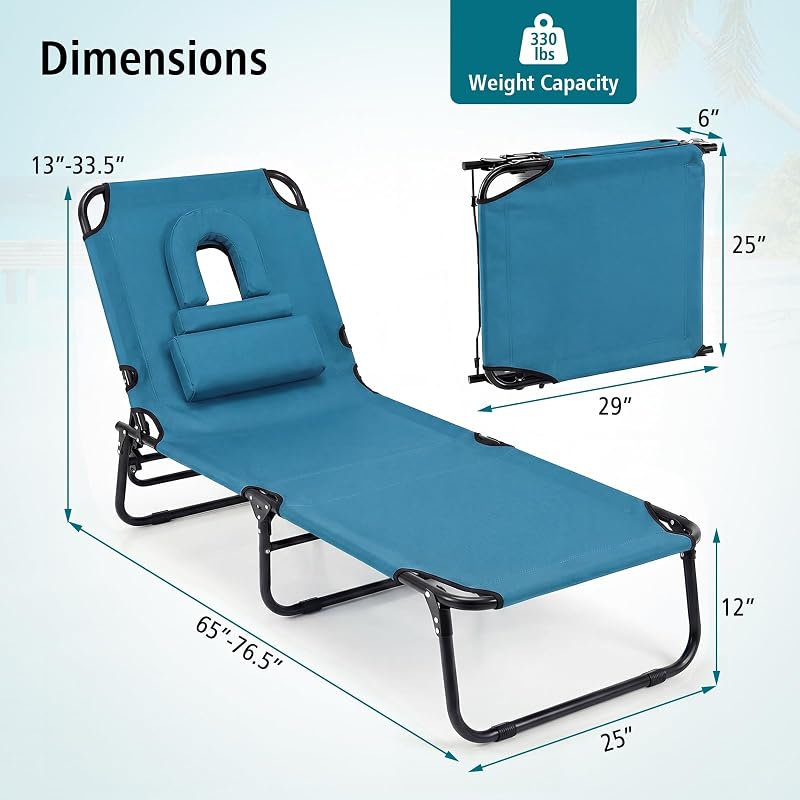 GYMAX Tanning Chair, Folding Lounge Chairs with Face Hole & Cover, Removable Pillow Carry Handle, Portable Compact Outdoor Layout Recliner for Beach, Poolside, Lawn, Patio, Camping (Blue,1) image 3