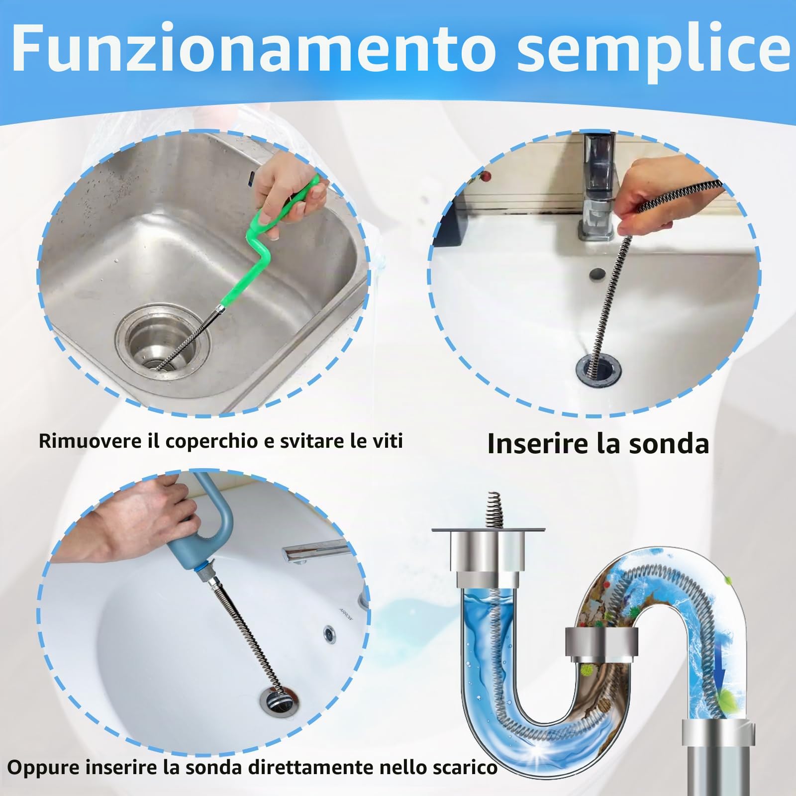 Sonda Sturatubi Spirale Professionale, 3m x 10mm Sonda Pulizia Tubi di Scarico Manuale, Sbloccatore Flessibile di Scarico Forte, Sonda Stura Lavandini per Lavello Doccia Cucina
