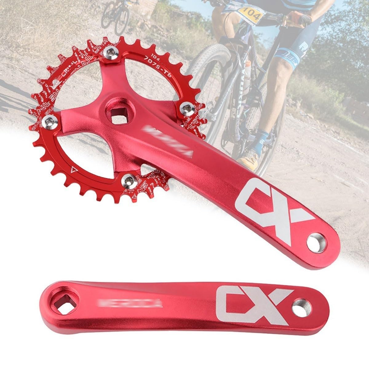 HZXQCVB 170mm Square Taper MTB Crankset Mountain Bike Single Speed Crankset 104 32T/34T/36T/38T/40T/42T Chainring And Bolts Bicycle Crank Arm Set(Red,32T)