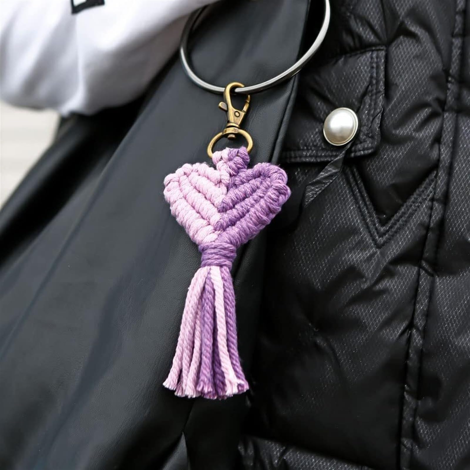 Schlüsselanhänger, Schlüsselanhänger, Kristall-Schlüsselanhänger, Herz-Makramee-Schlüsselanhänger, Handtasche, Tasche, handgefertigt, Webquaste, Charm-Zubehör, Taschenanhänger, Auto-Schlüsselanhänger