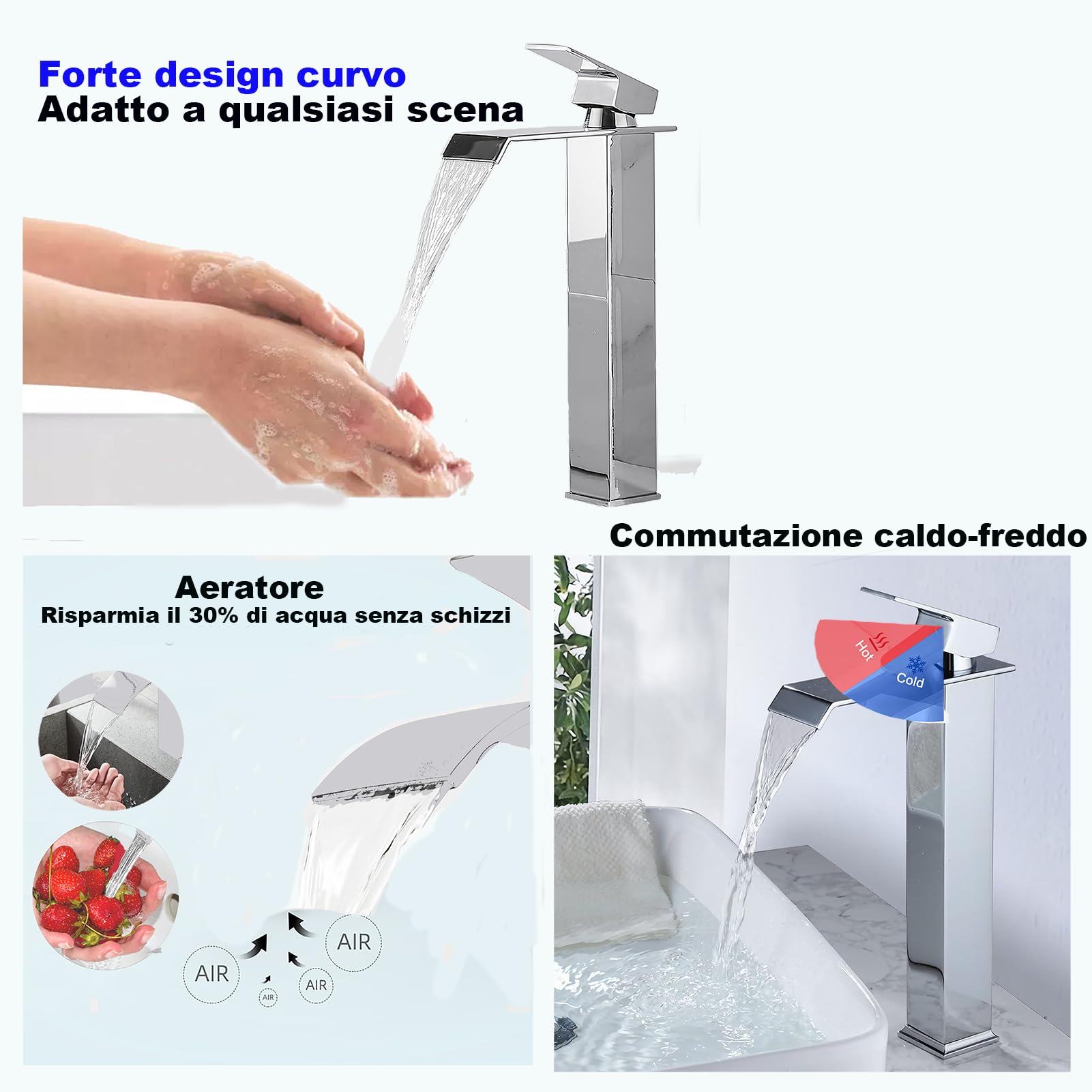XWIHTR Rubinetto a cascata per bagno, rubinetto per lavabo a una maniglia, risparmio idrico, rubinetto per lavabo, bocca calda e fredda, rubinetto per bagno in acciaio inox e ottone(cromo-h)