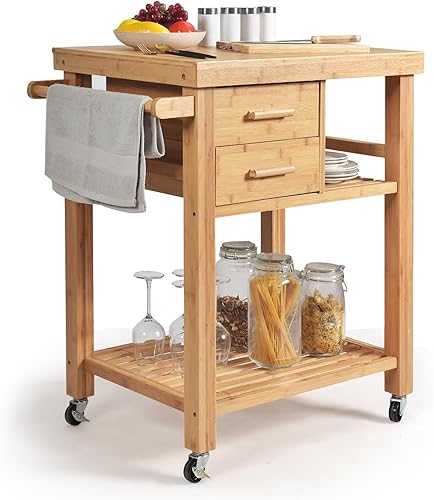 SILKYDRY Isla de cocina, carrito de cocina con ruedas, carrito de cocina de bambú con cajones, estantes, toallero, pequeño carrito de isla de cocina