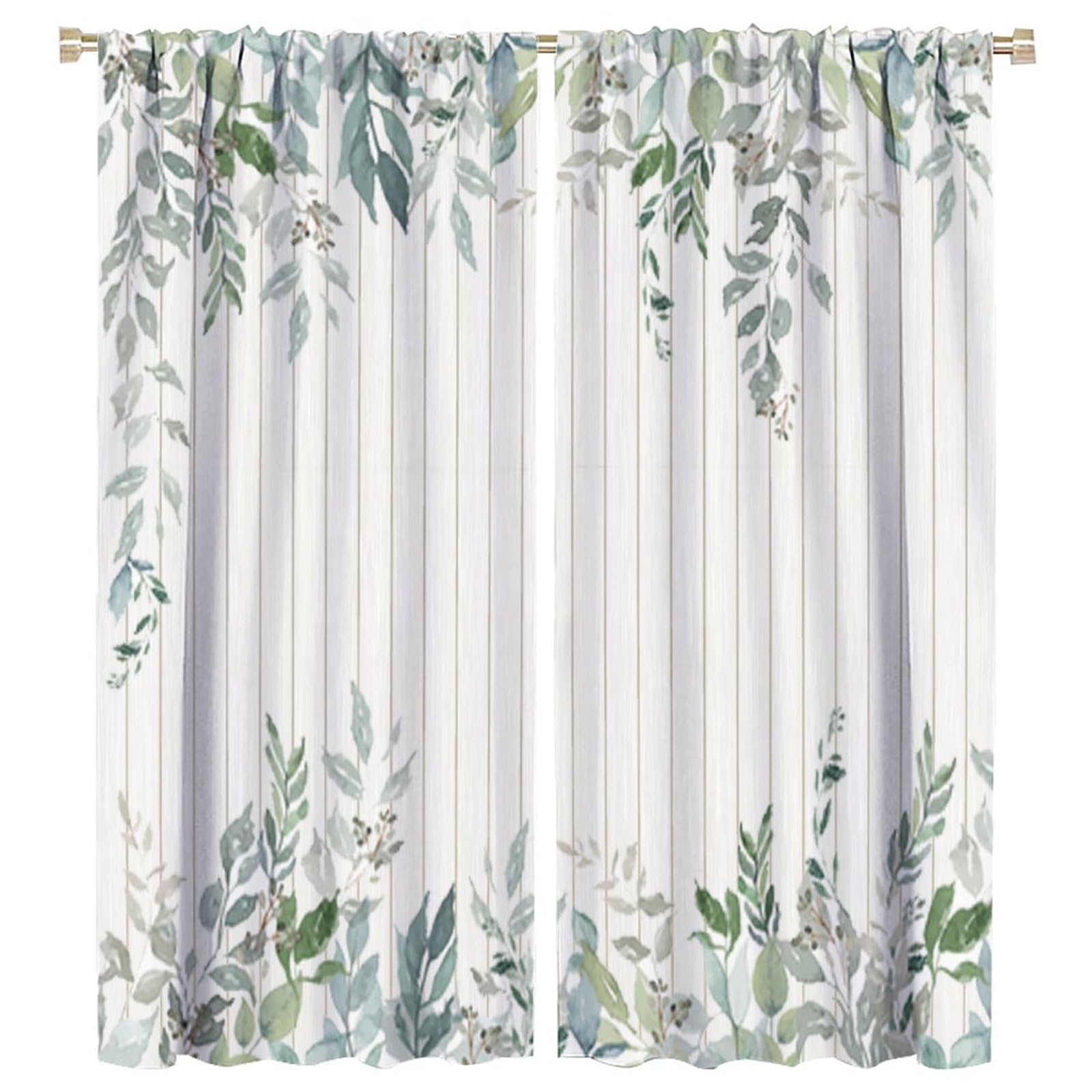 SHElifestyle Eucalyptus Leaf Kitchen Window Curtains, Spring Sage Green Farmhouse Leaves Watercolor Botanical Plants Rod Pocket Window Treatments