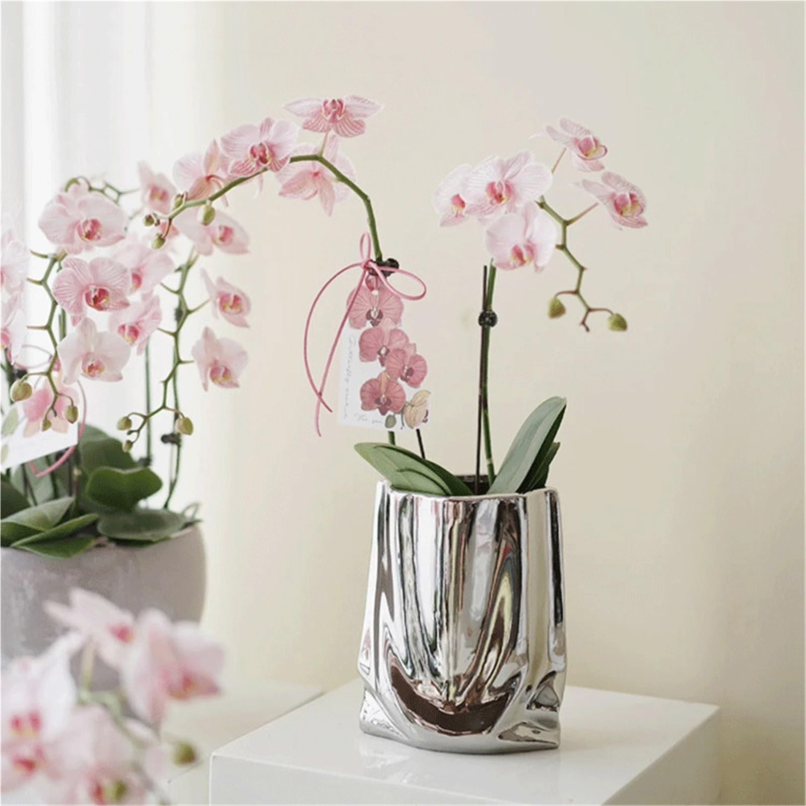 Doniczki zewnętrzne Luksusowy i elegancki wazon z orchideą Phalaenopsis do salonu: posrebrzany ceramiczny Doniczki(Duży)