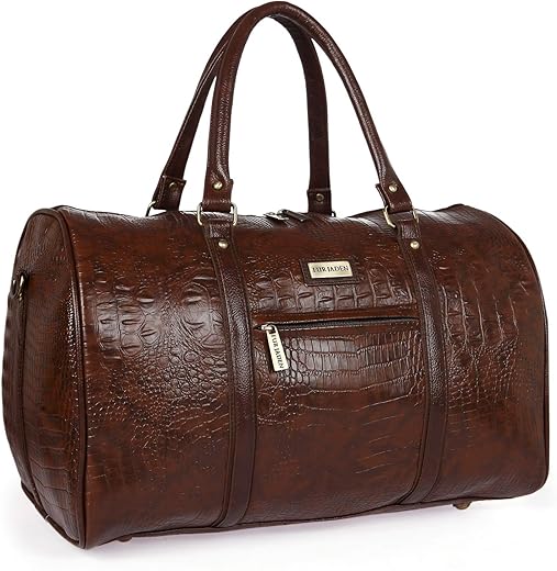 Fur Jaden Brown Textured Leatherette Stylish & Spacious Weekender Duffle Bag for Travel for Men and Women